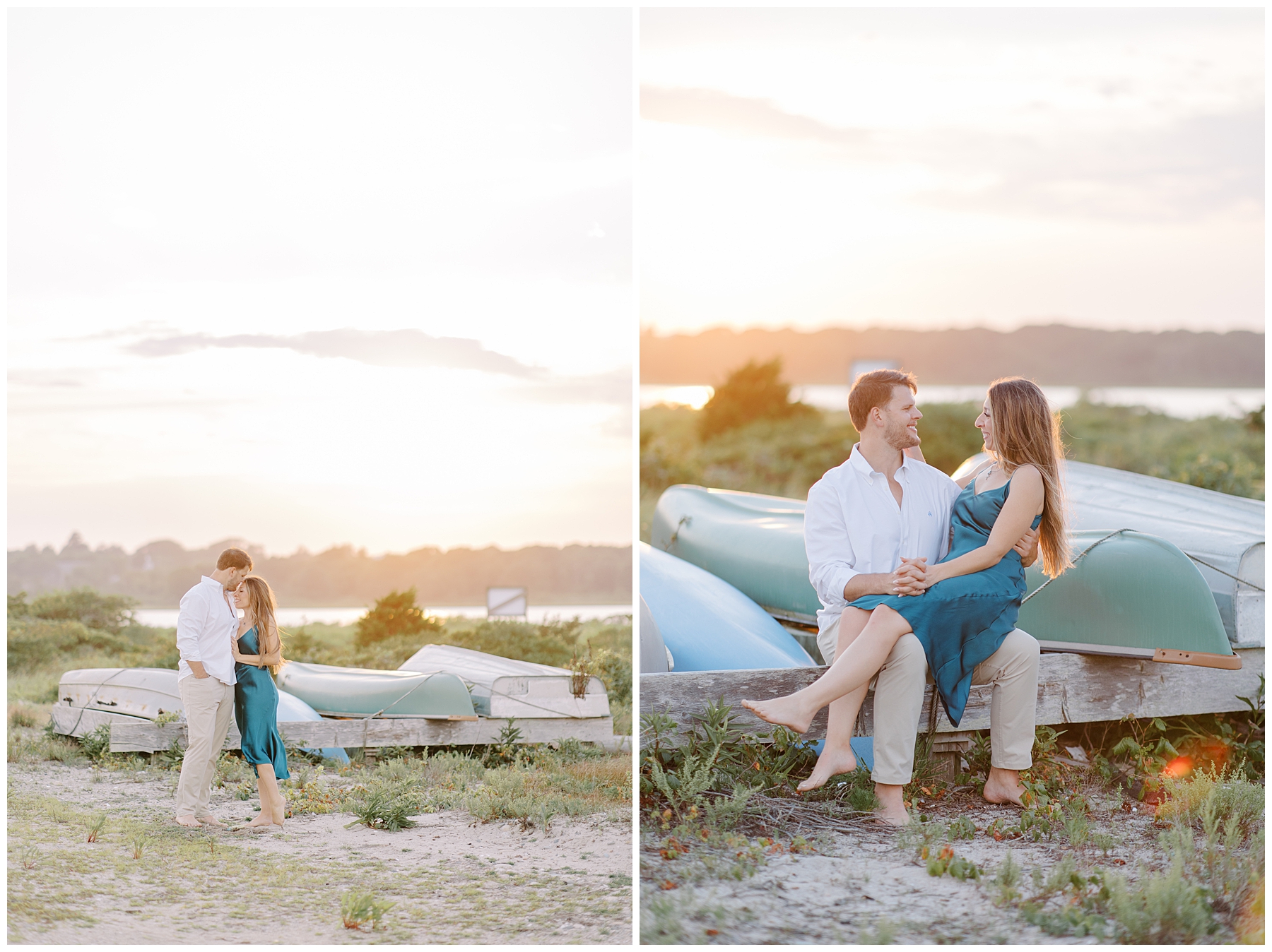 engaged couple sit by boats on beach
