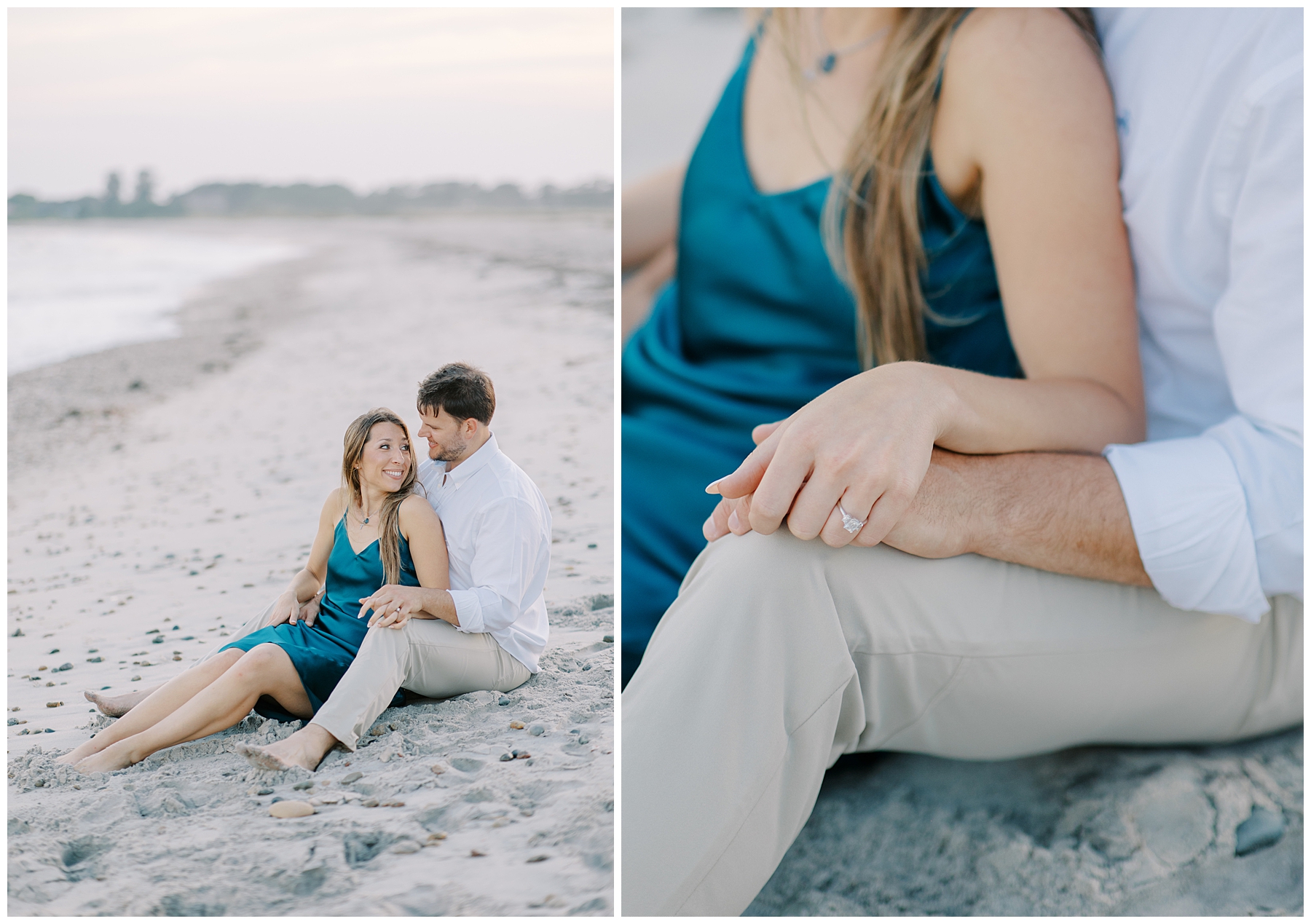 engaged couple sit together in the sand