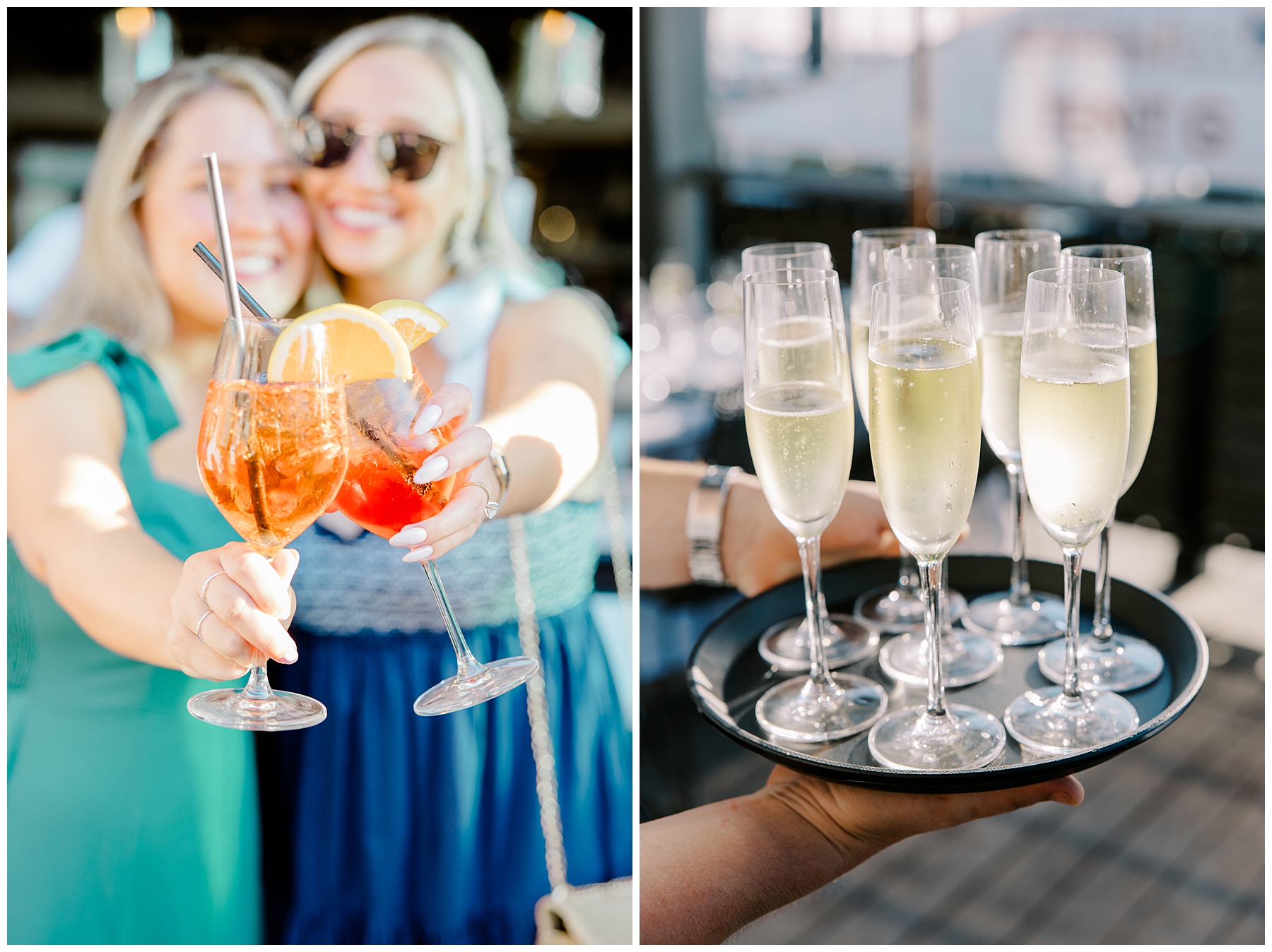 women hold drinks together