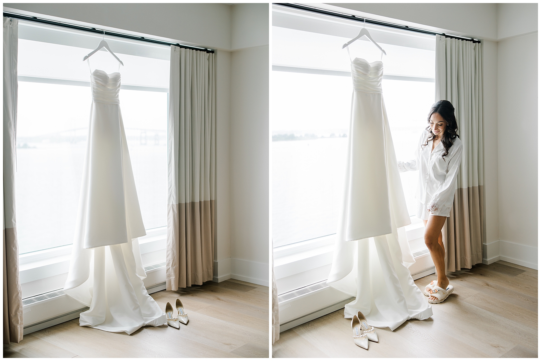 bride looking at wedding dress