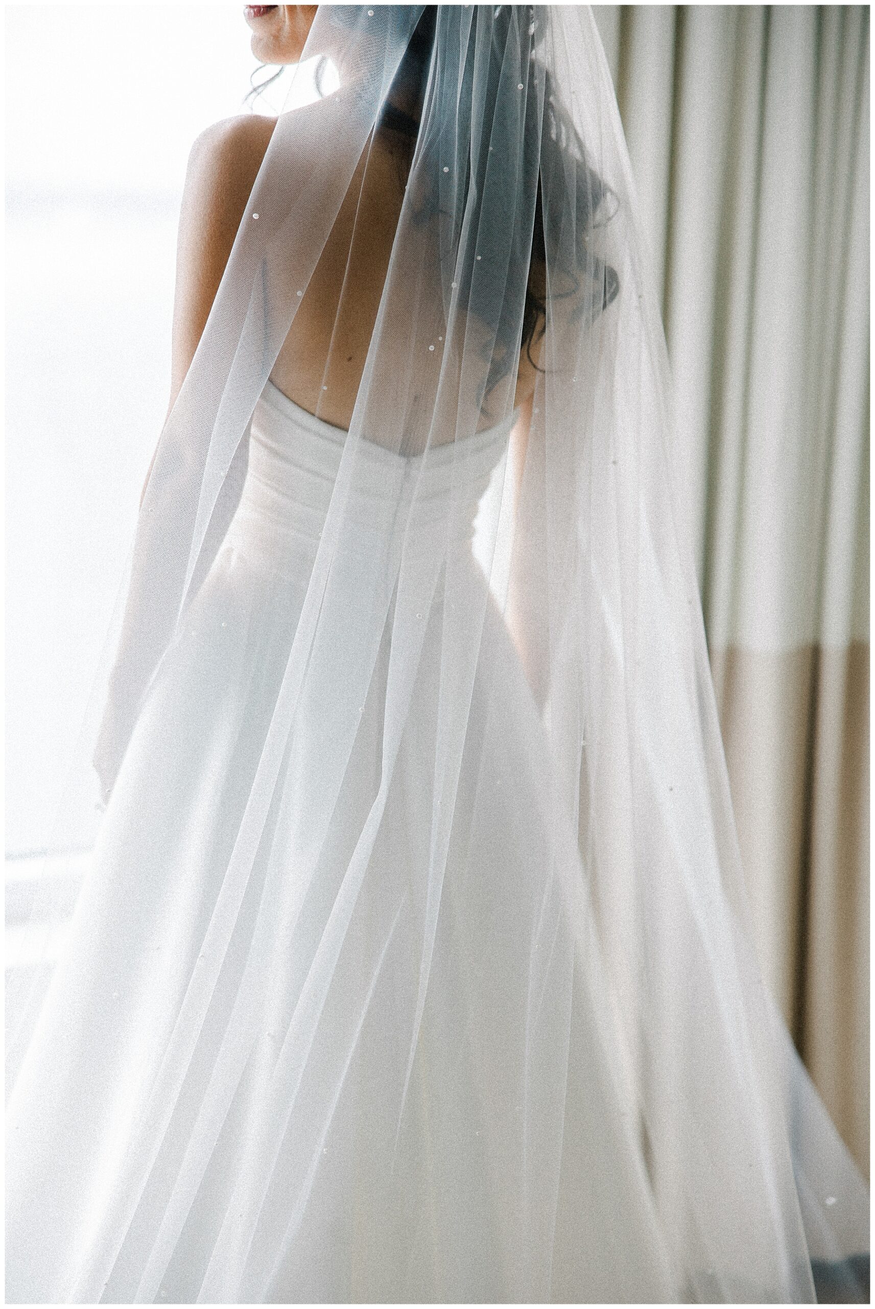 back of bride's wedding dress and veil