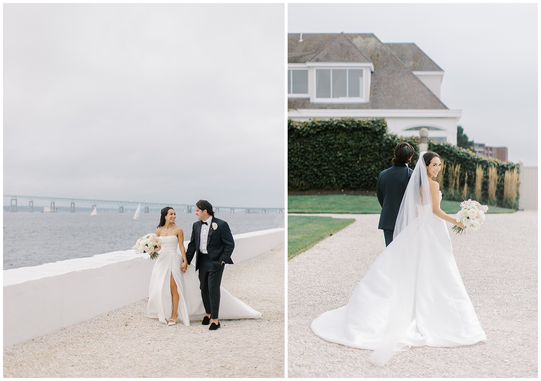 bride and groom walk by the water