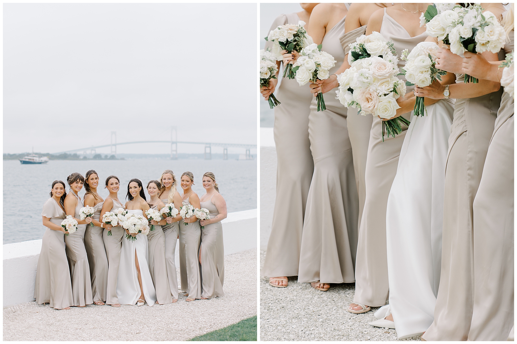 bridesmaid photos with bride in elegant champagne dresses