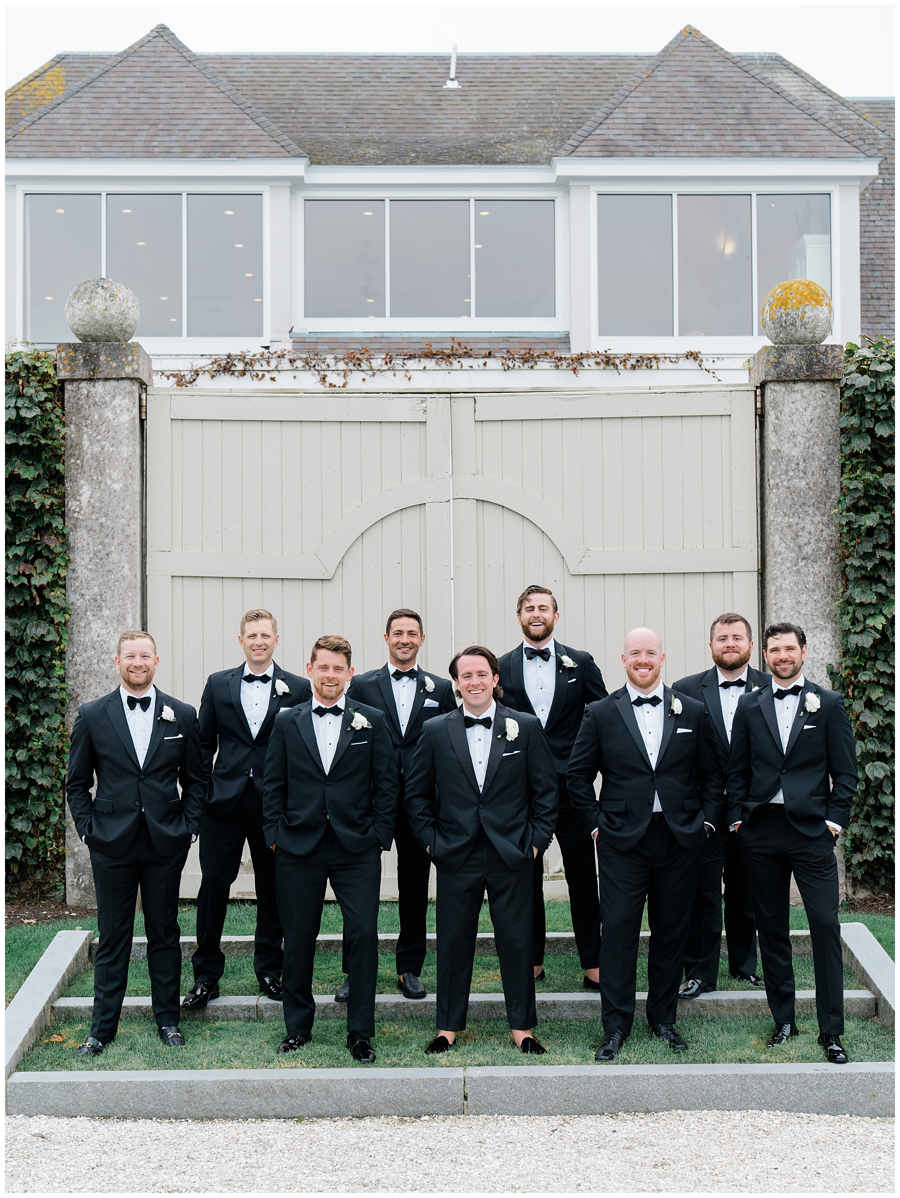 groom and groomsmen outside of Coastal Wedding at Belle Mer, A Longwood Venue in Newport
