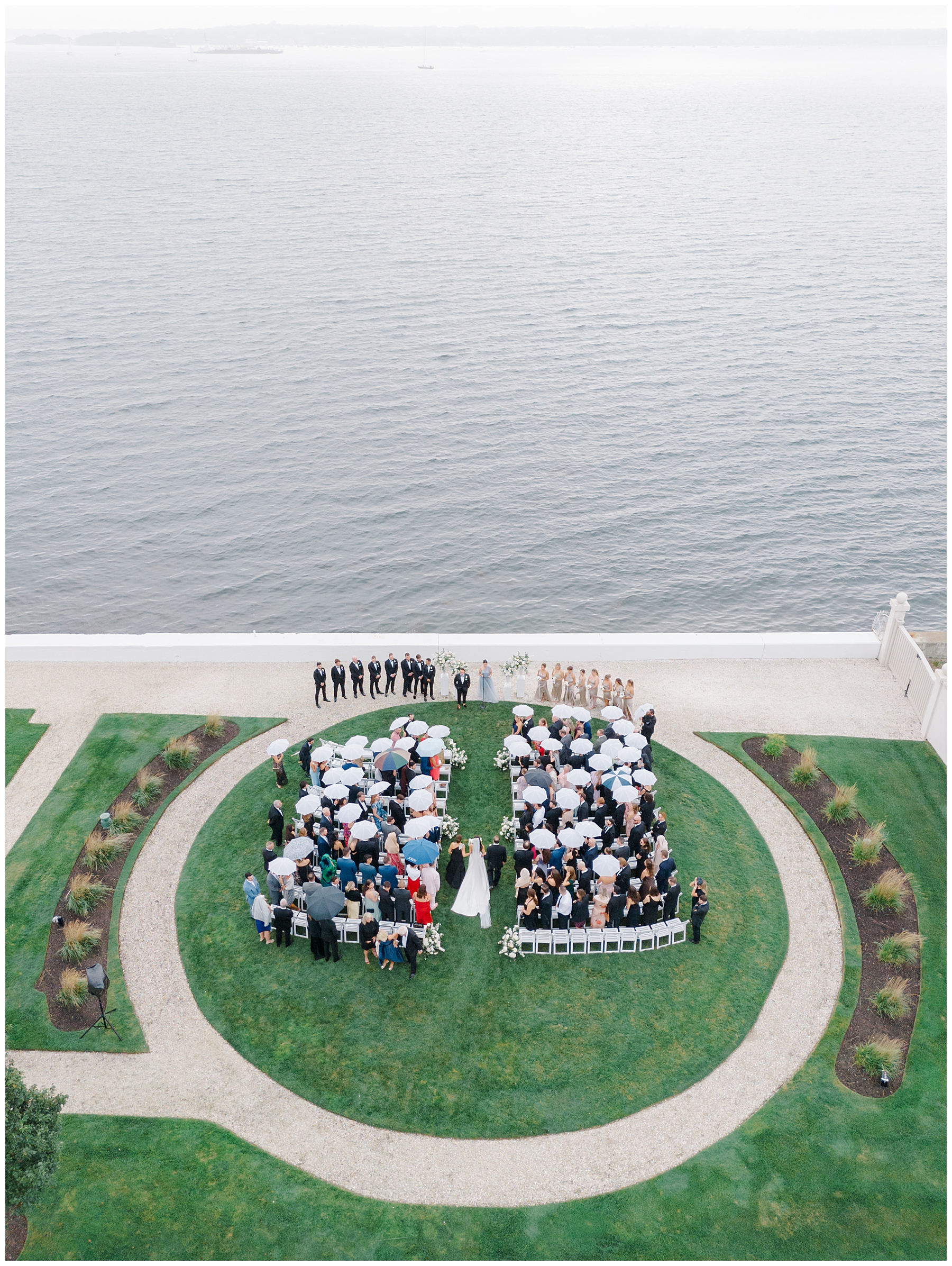 aerial view of coastal wedding ceremony in Newport, RI