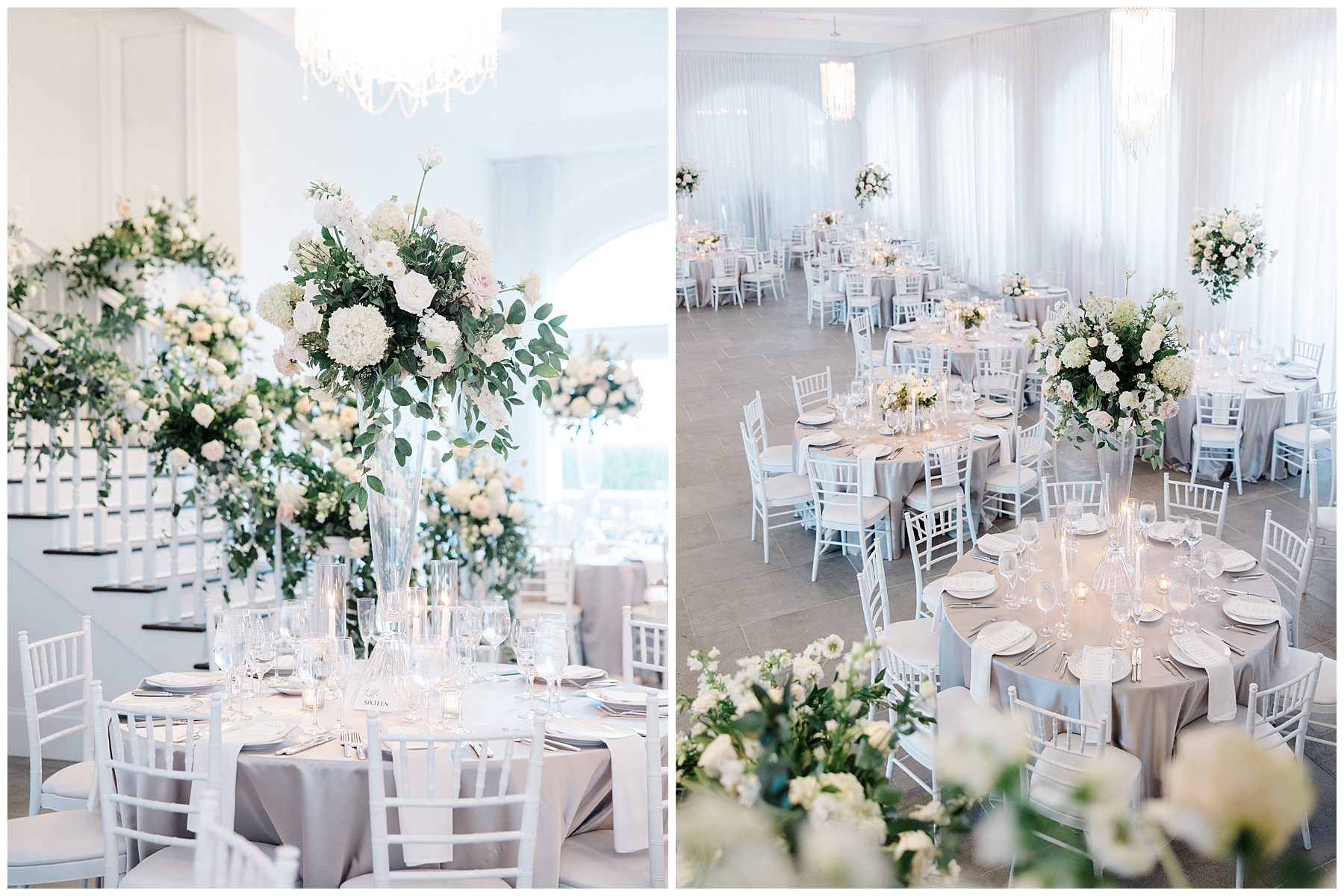 white flower arrangements decorate reception at Belle Mer, A Longwood Venue in Newport