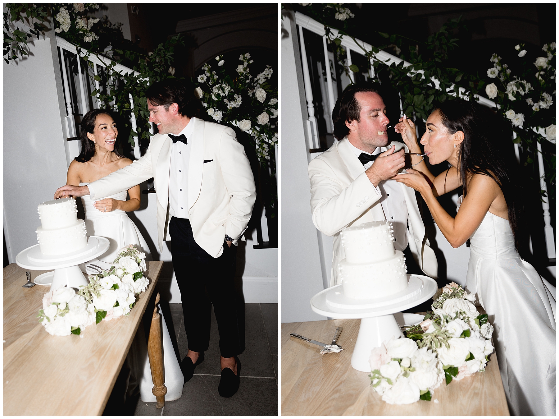bride and groom feed each other wedding cake