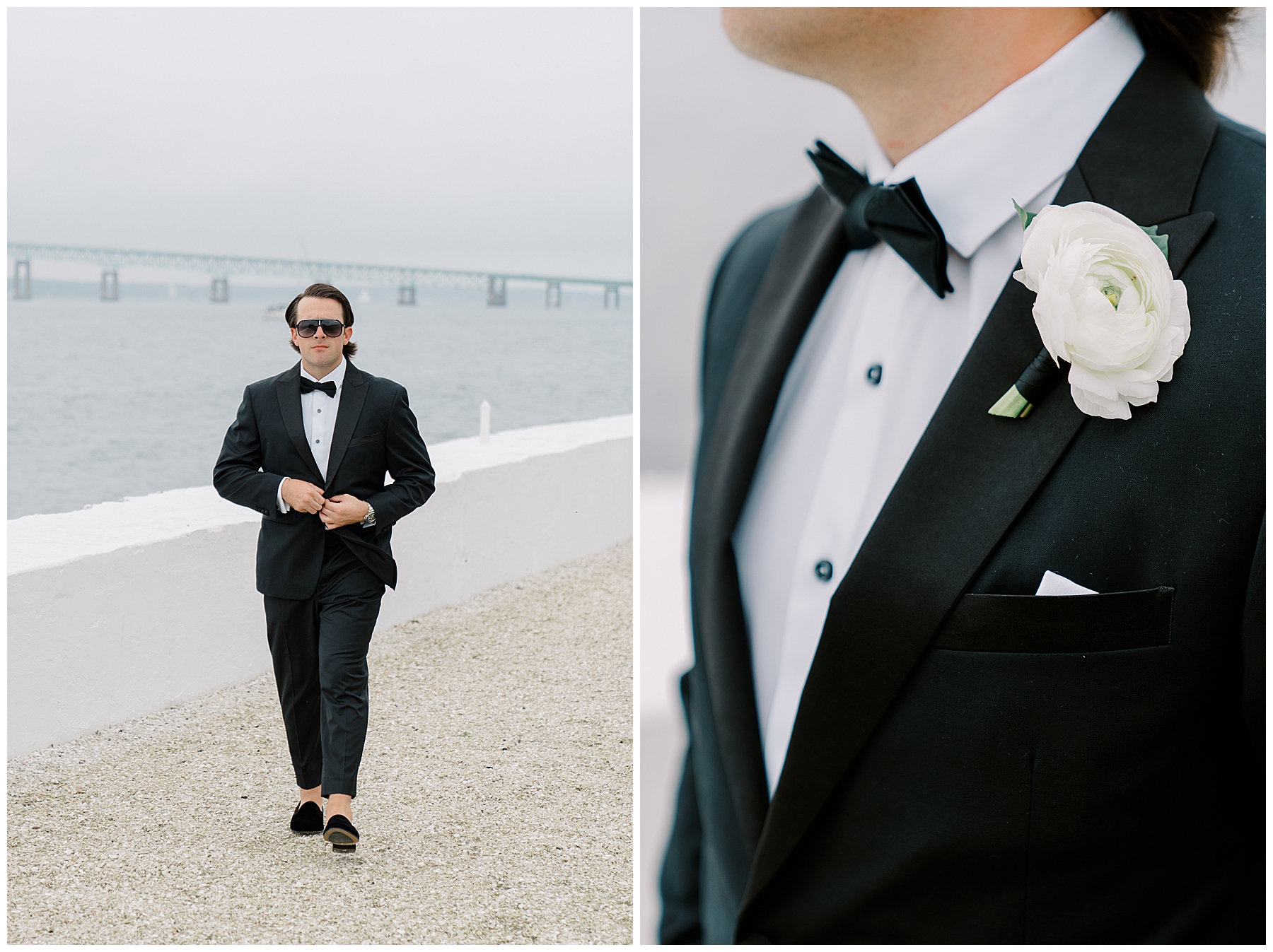 groom in tux and close up of boutineer