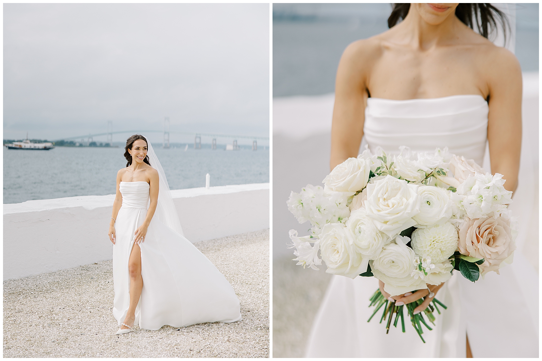bride in strapless gown and white wedding bouquet