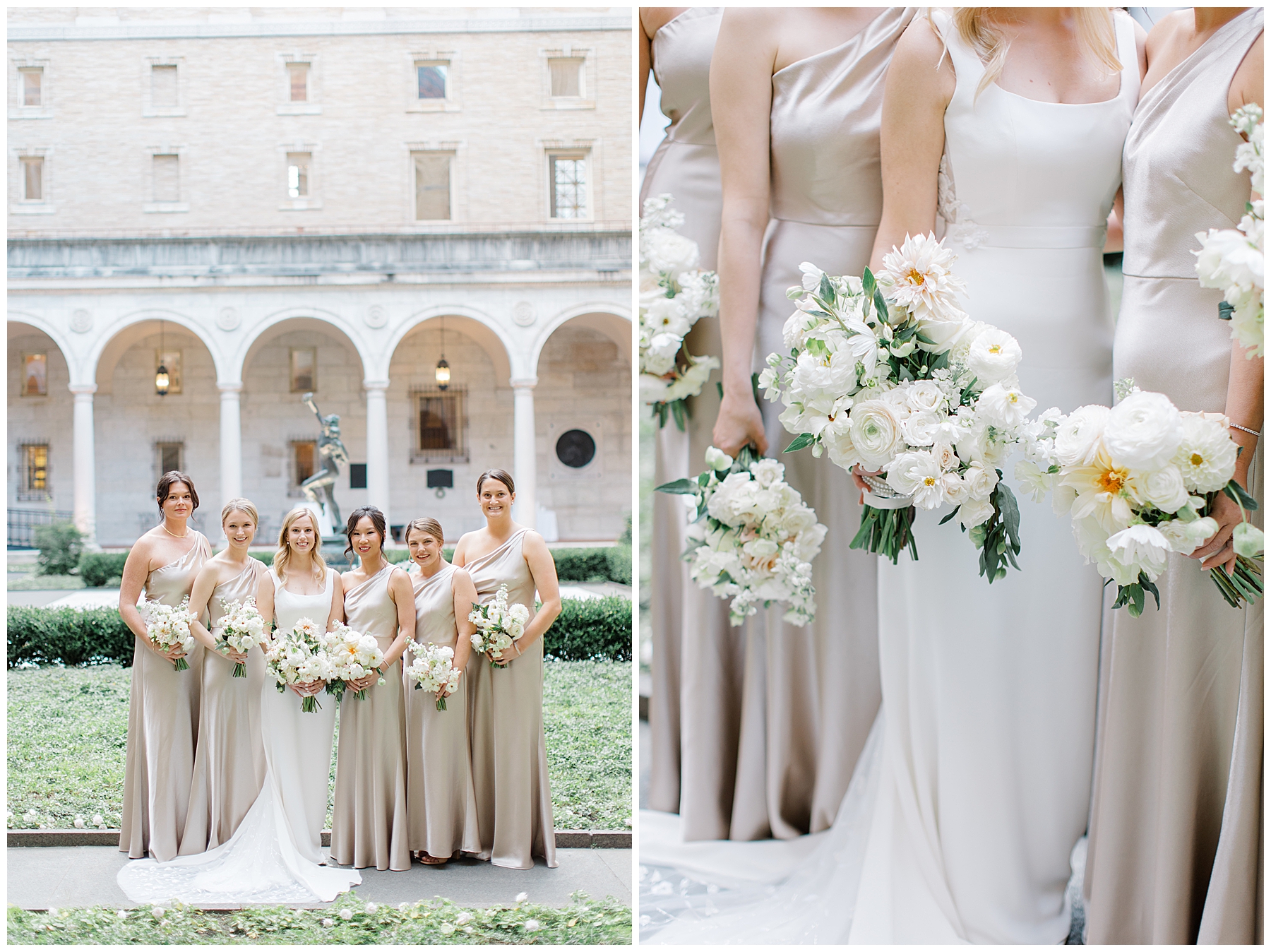 bridesmaids and bride in courtyard of Boston Public Library