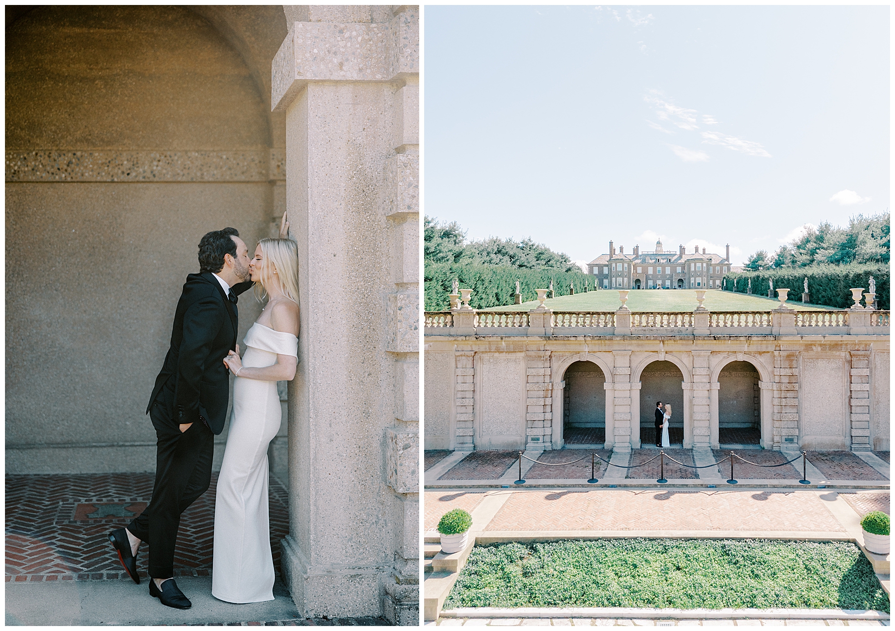 engaged couple lean against archway of elegant building
