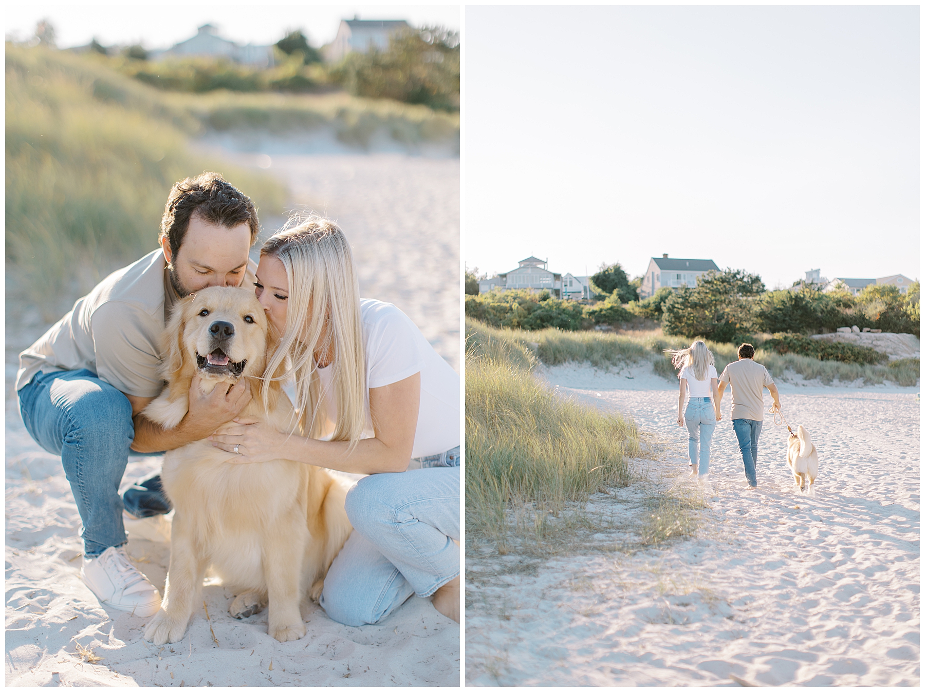 engaged couple kiss their dog