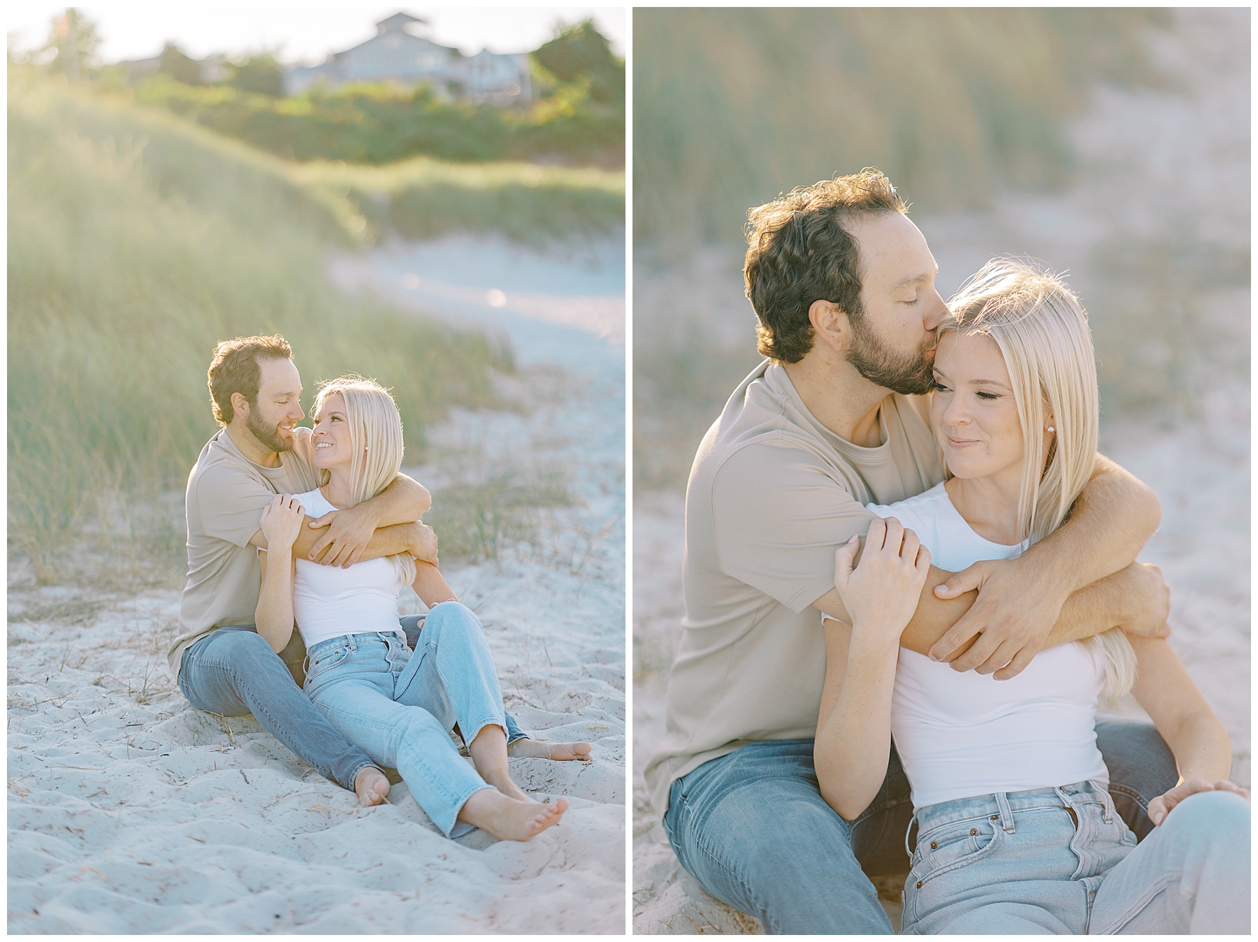 candid engagement photos of couple sitting together on the beach