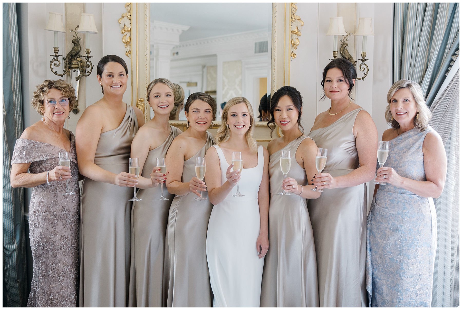 bride with bridesmaids in champagne dresses