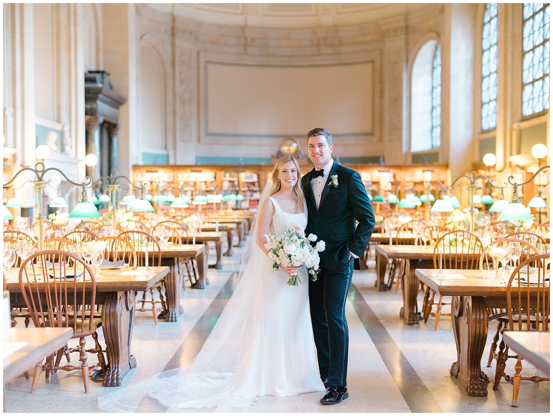 newlywed photos in a room of the library
