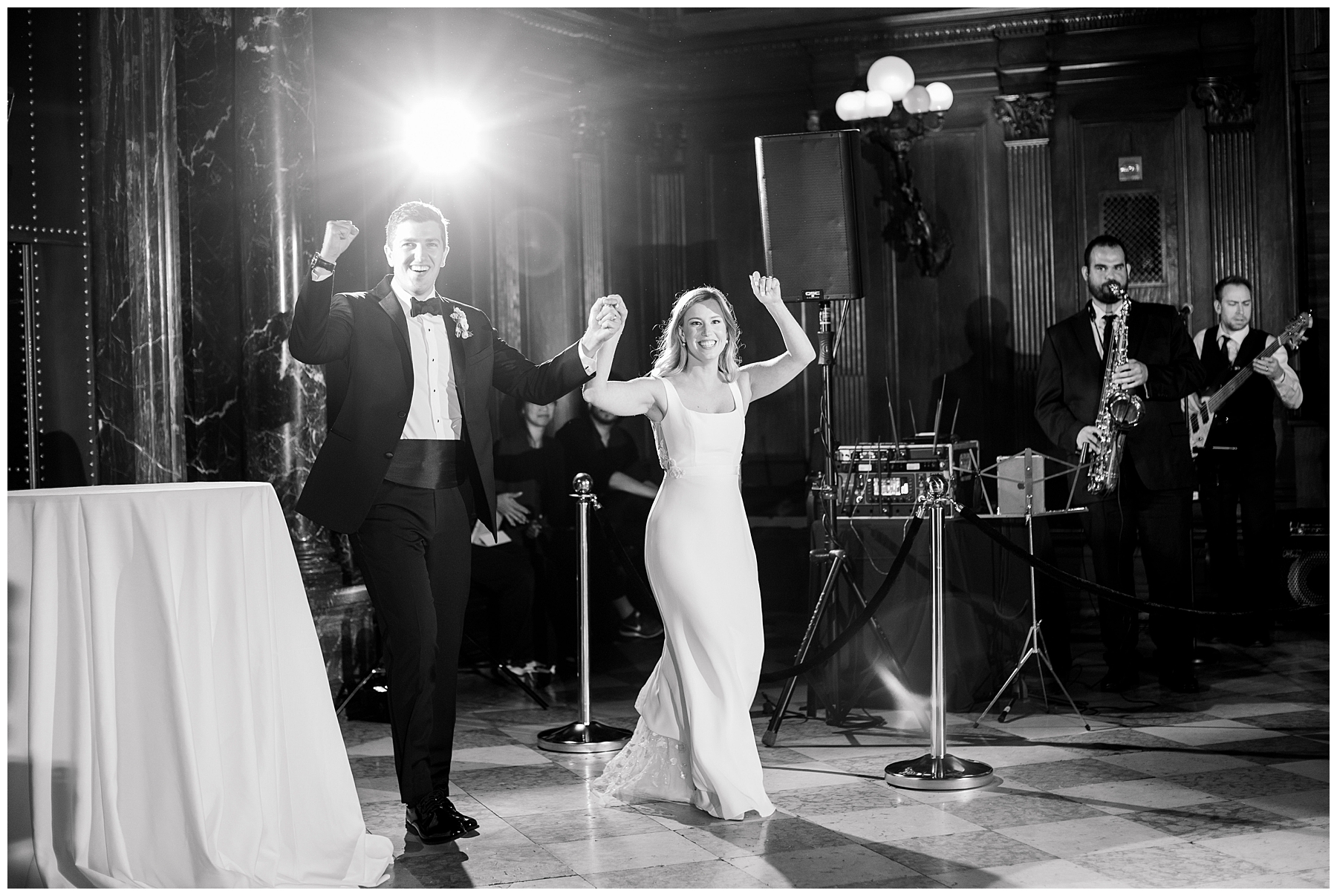 bride and groom enter dancing room