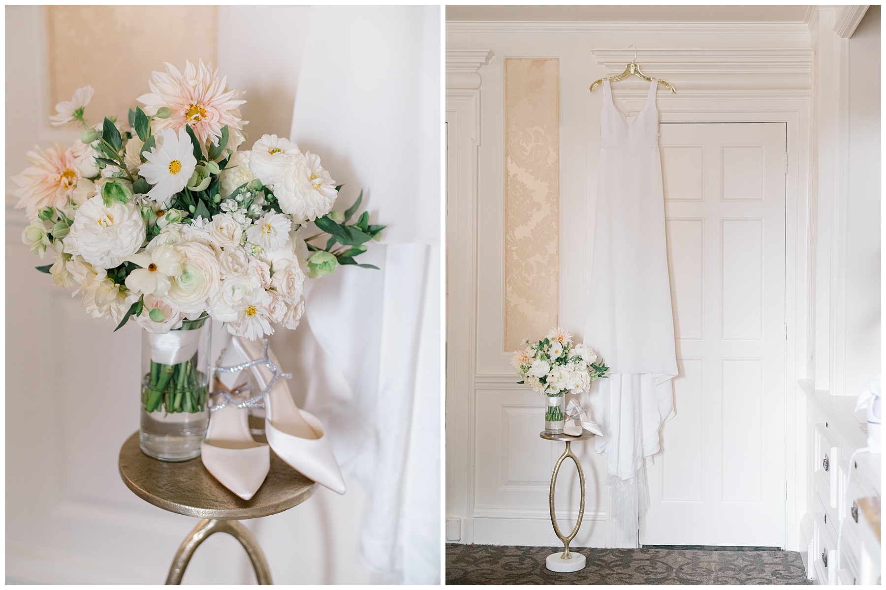 bride's wedding dress hanging with white bouquet in vase