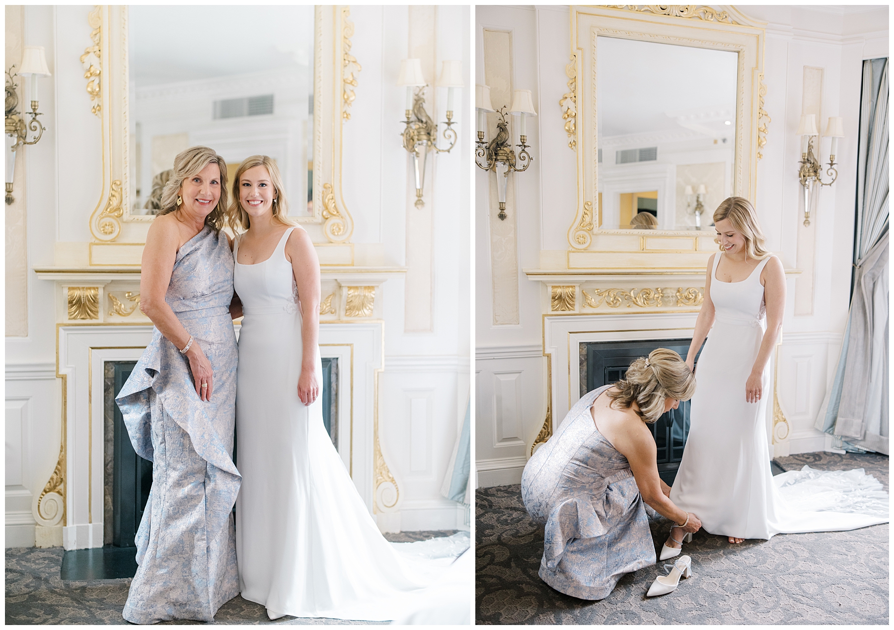 bride getting wedding shoes on