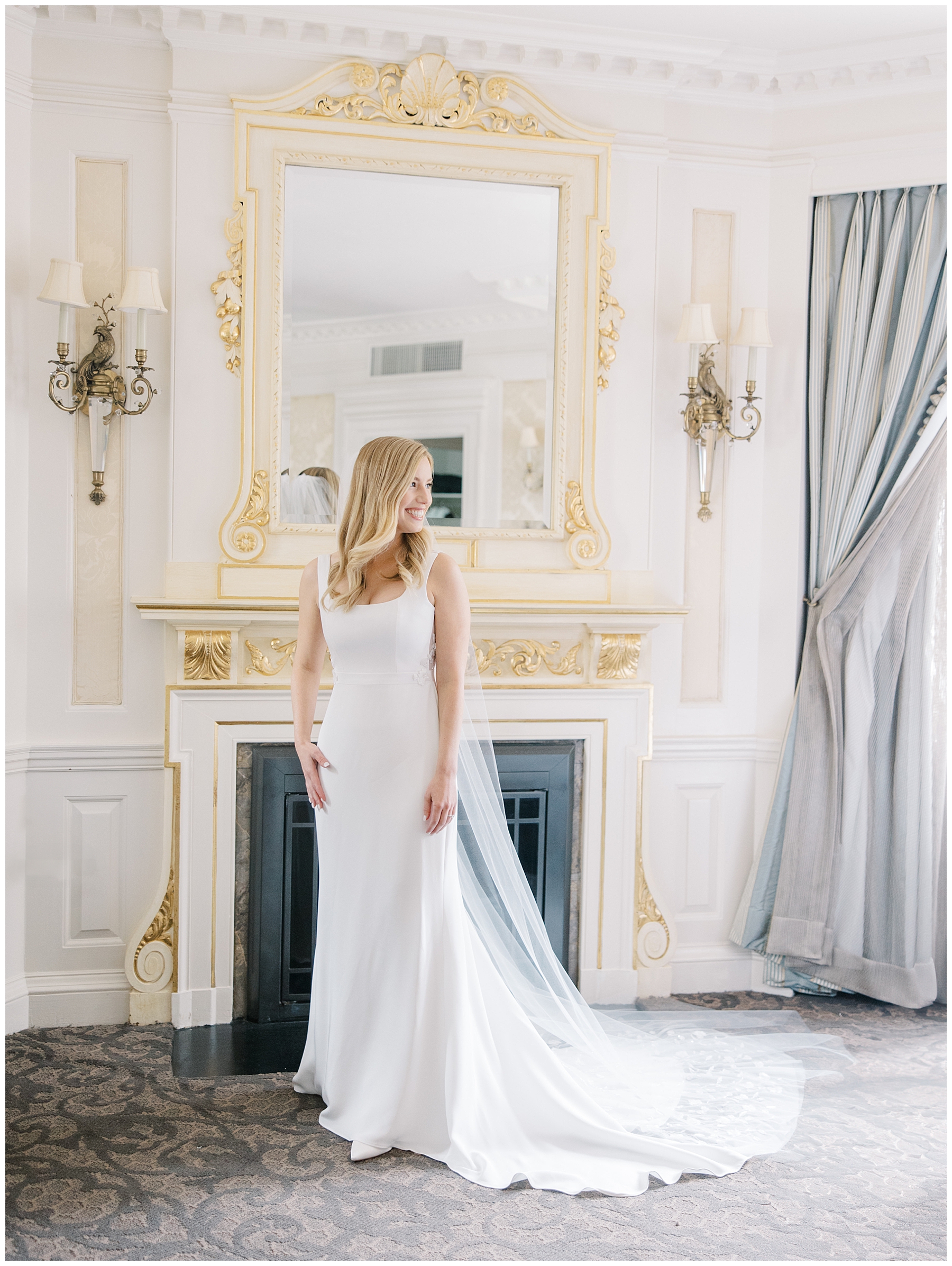 elegant bridal portraits in Judy Garland suite of Lenox Hotel