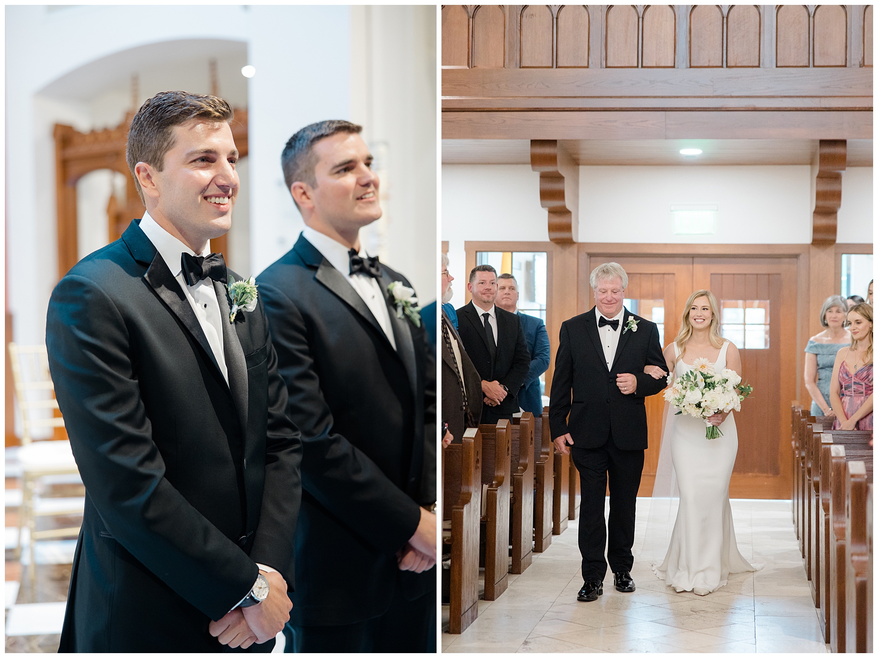 groom watches as bride walks down the aisle