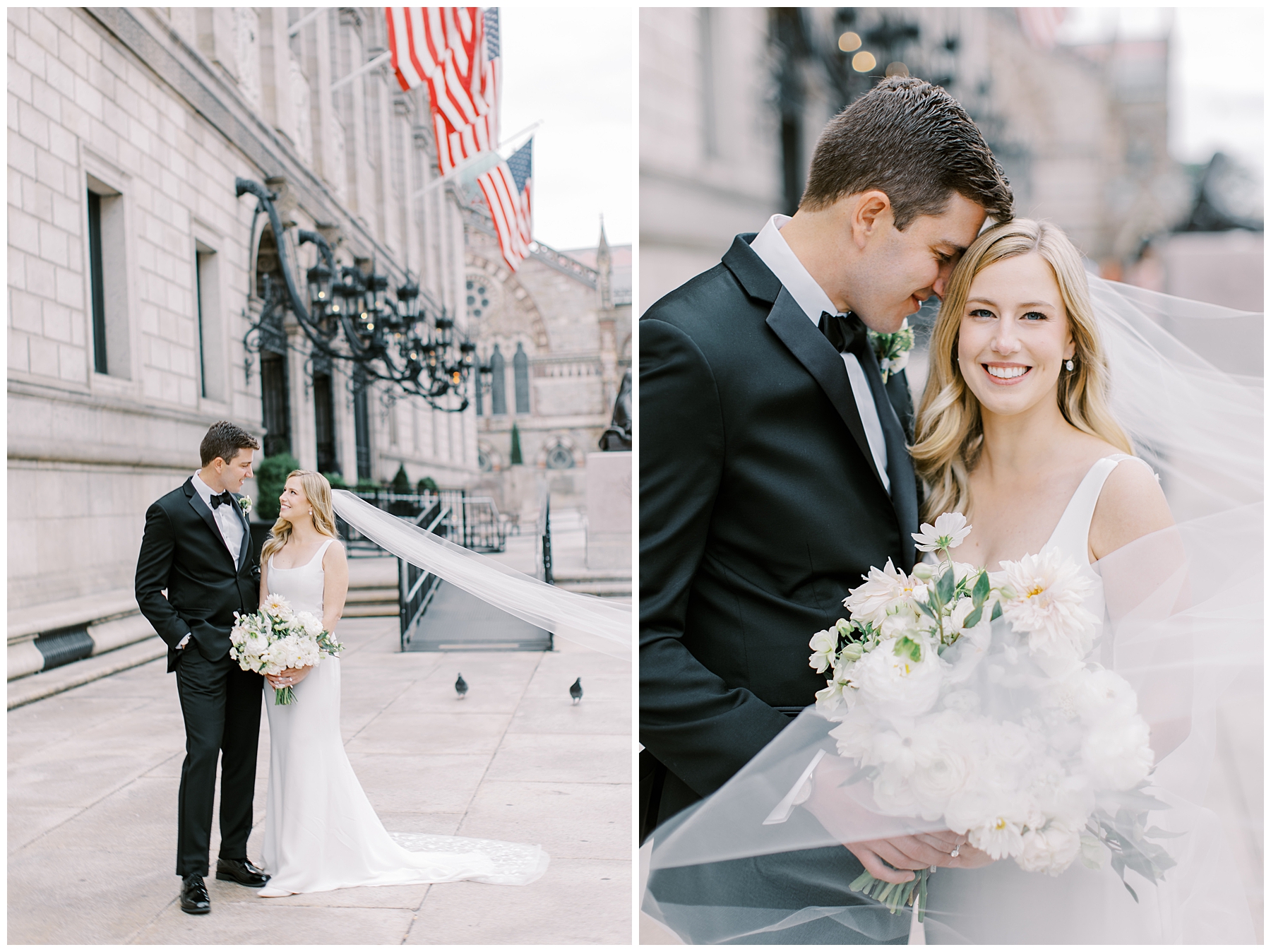 Elegant wedding photos in front of the Boston Public Library in Copley Square