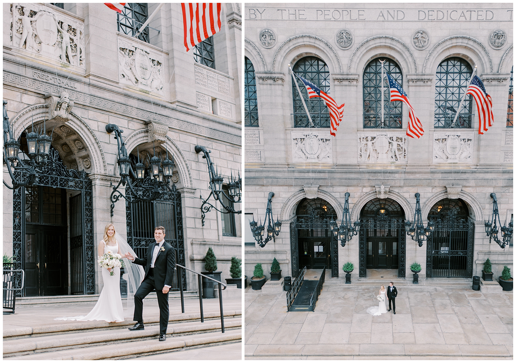 bride and groom on stairs leading to the Boston Public Library