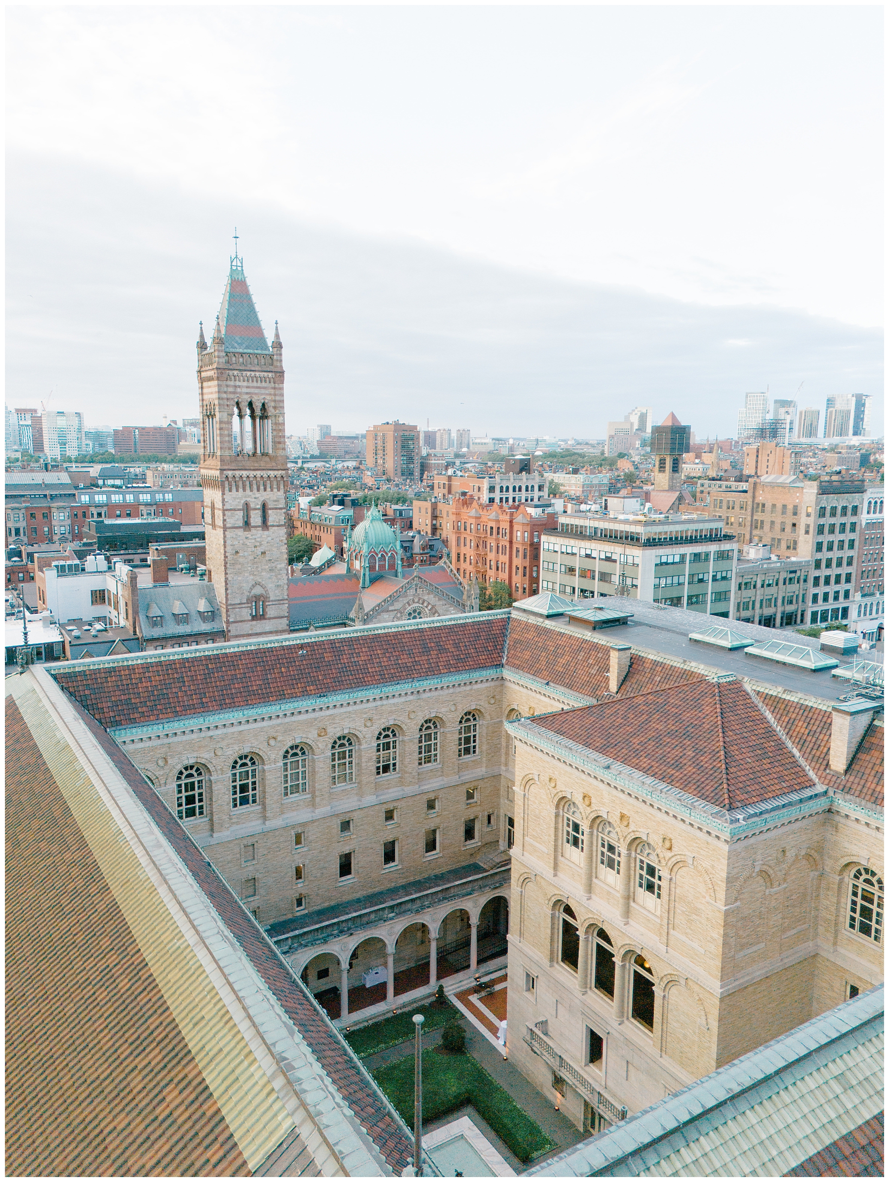 aerial view of Boston Public Library and the courtyard