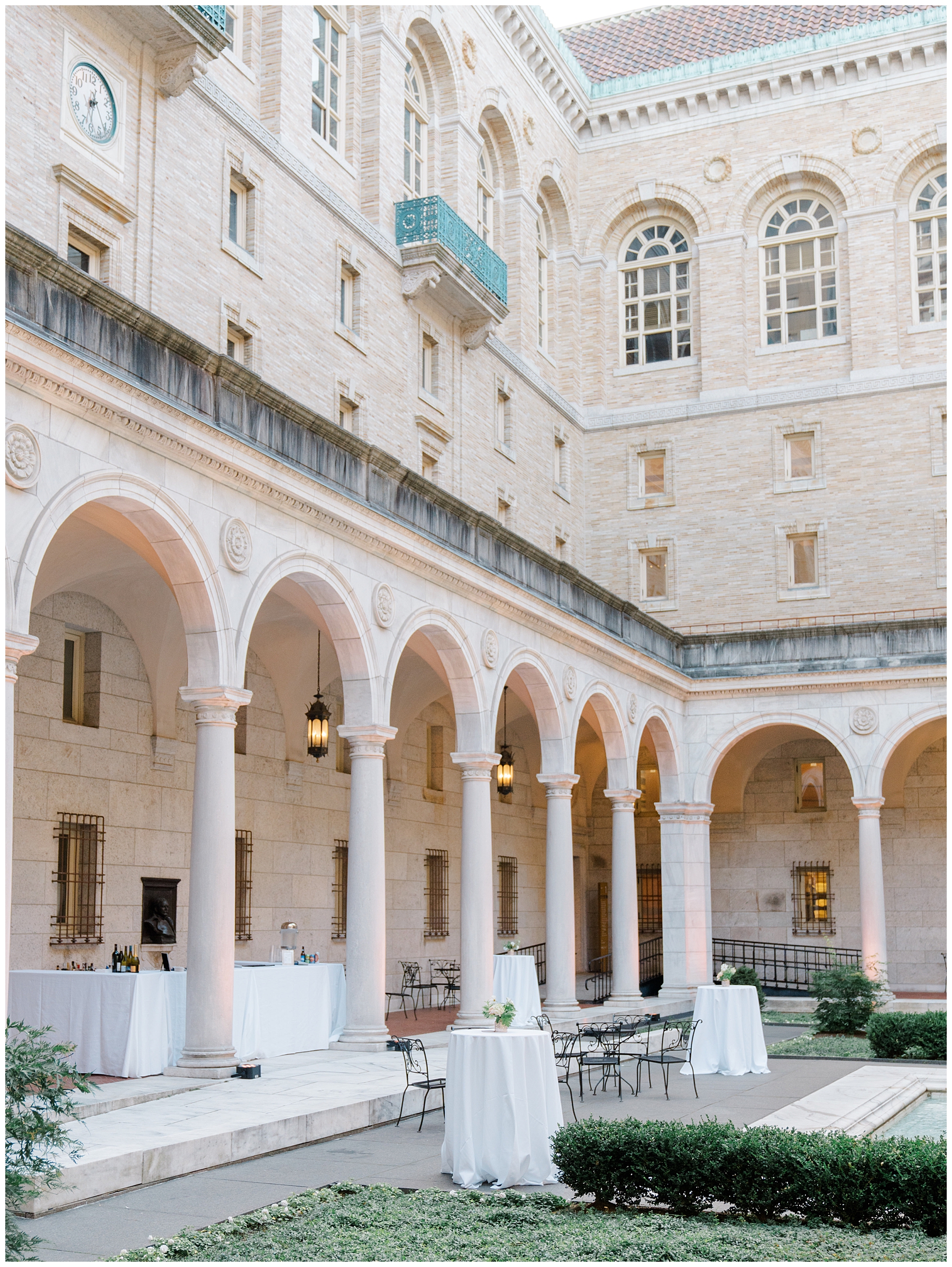 tables set up in the courtyard of the Library in Boston