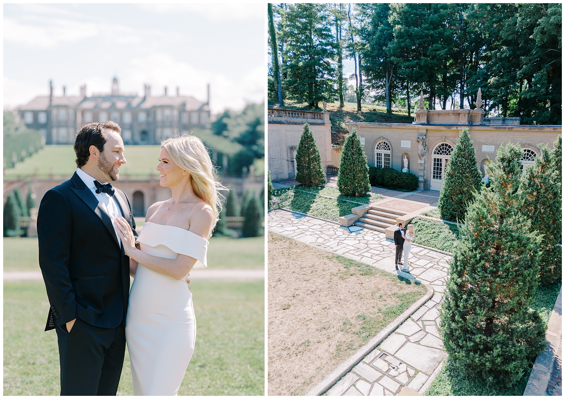Man in fitted tux and woman in fitted off shoulder white dress during engagement session