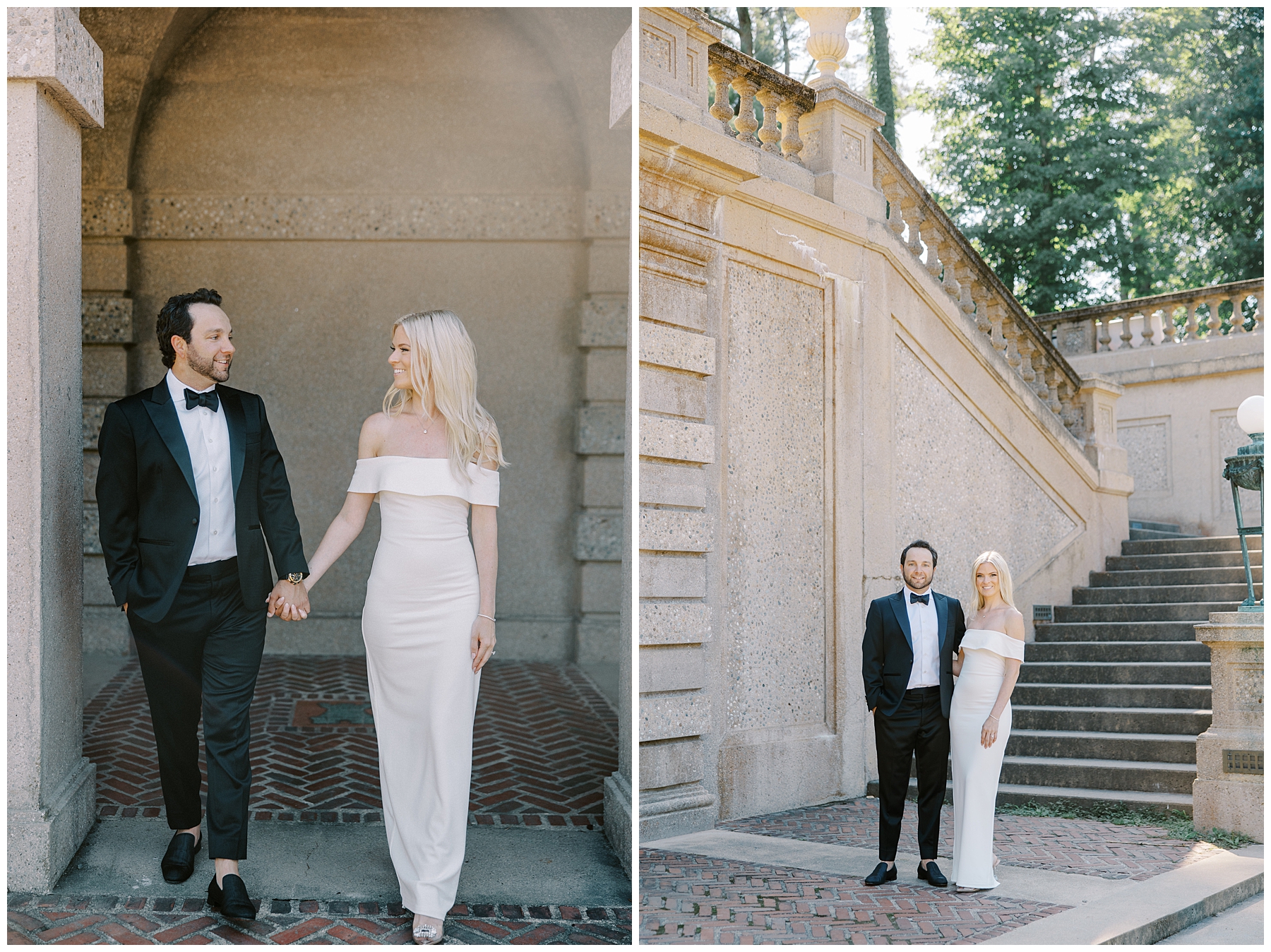 couple by stone architecture during Luxe Crane Estate Engagement Session in Ipswich, MA