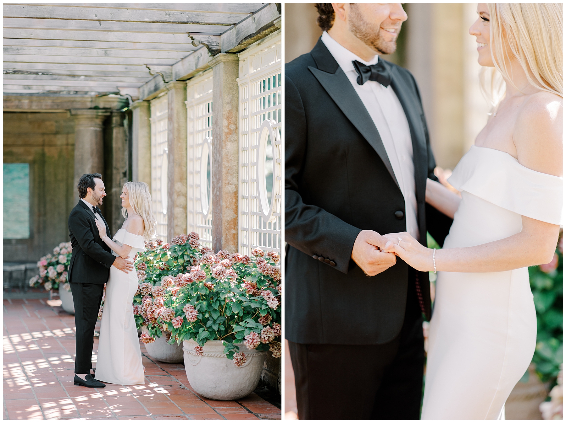 engaged couple under covered walkway
