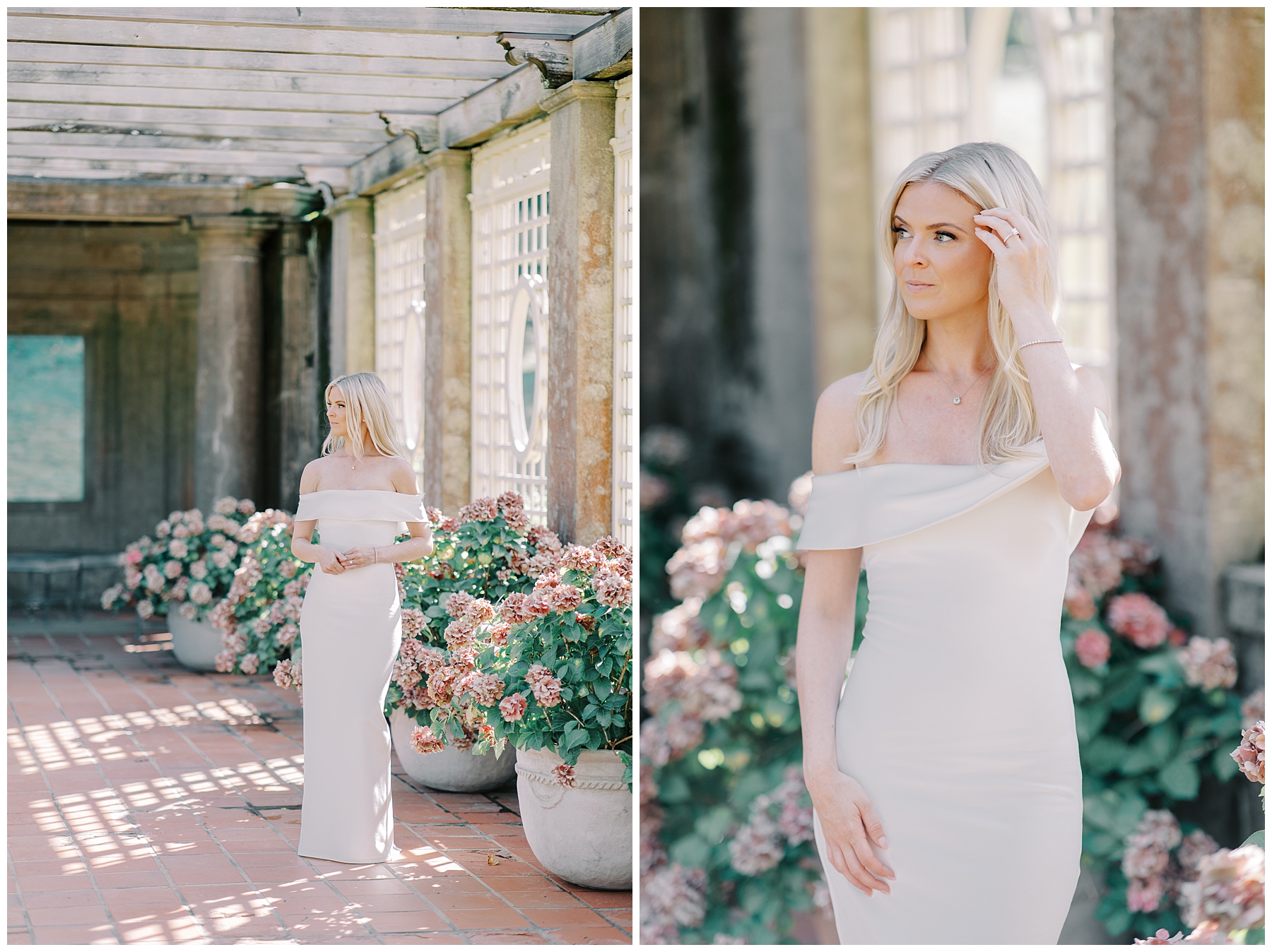 woman in fitted, off shoulder white dress with pink flowers in the background