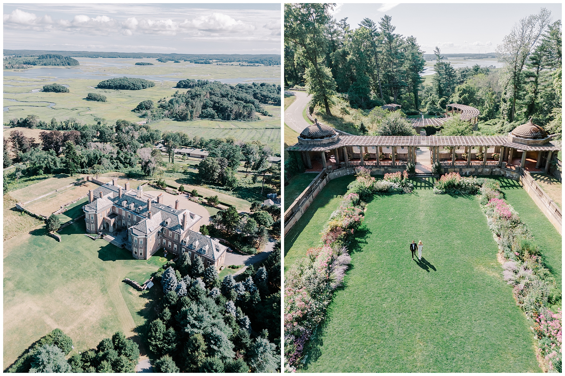 aerial photos of stunning venue, The Crane Estate, with sprawling, manicured lawns