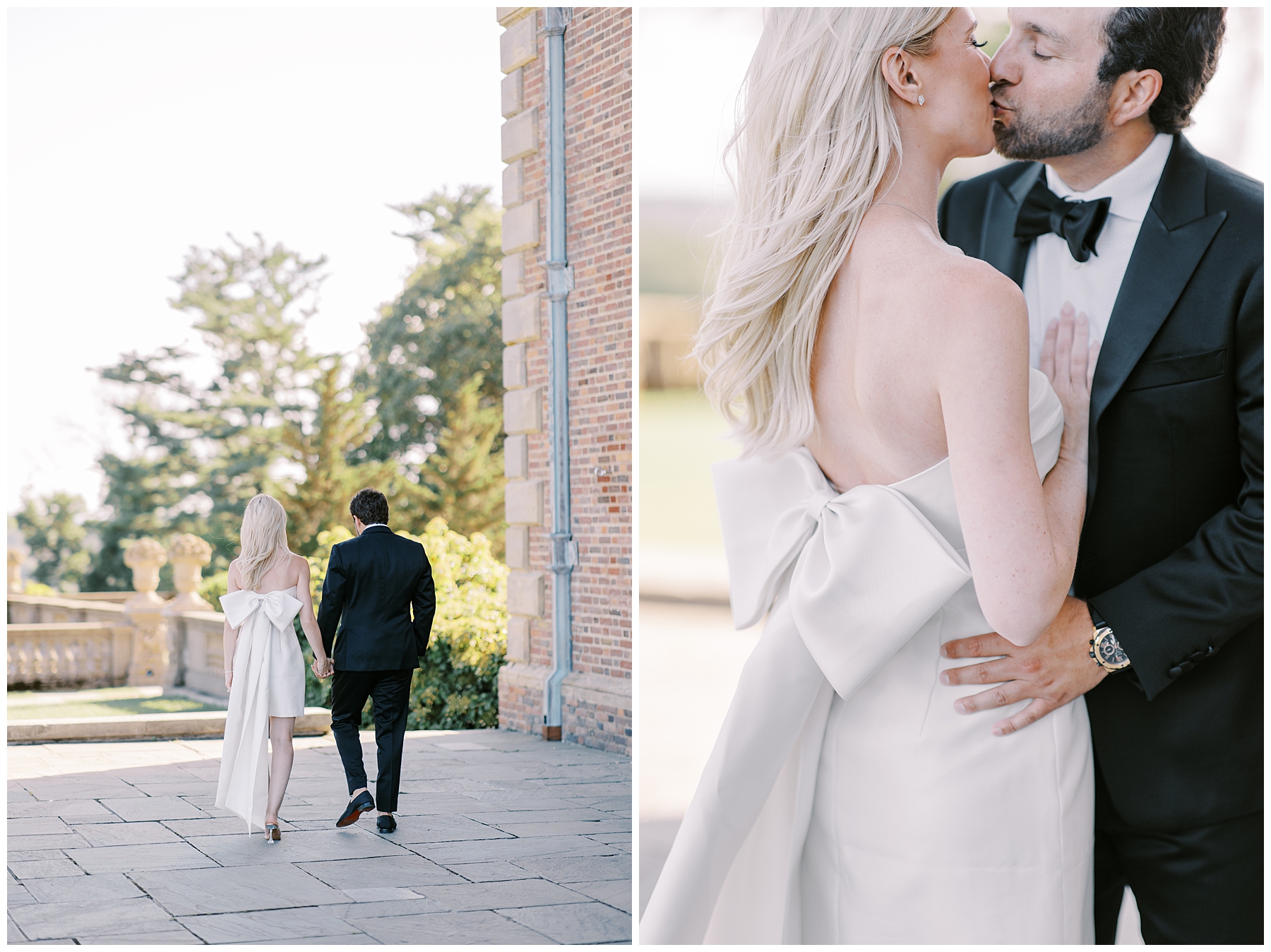 couple kiss with woman in white dress with dramatic bow detail in the back