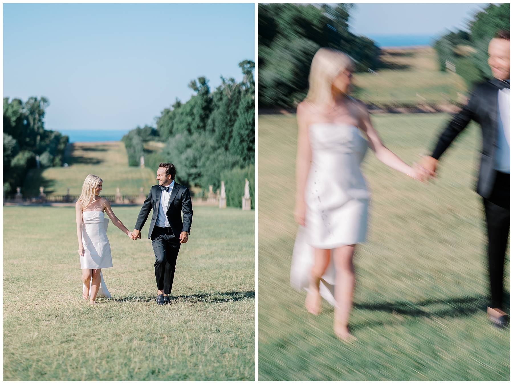 couple hold hands as they walk across lawn of estate