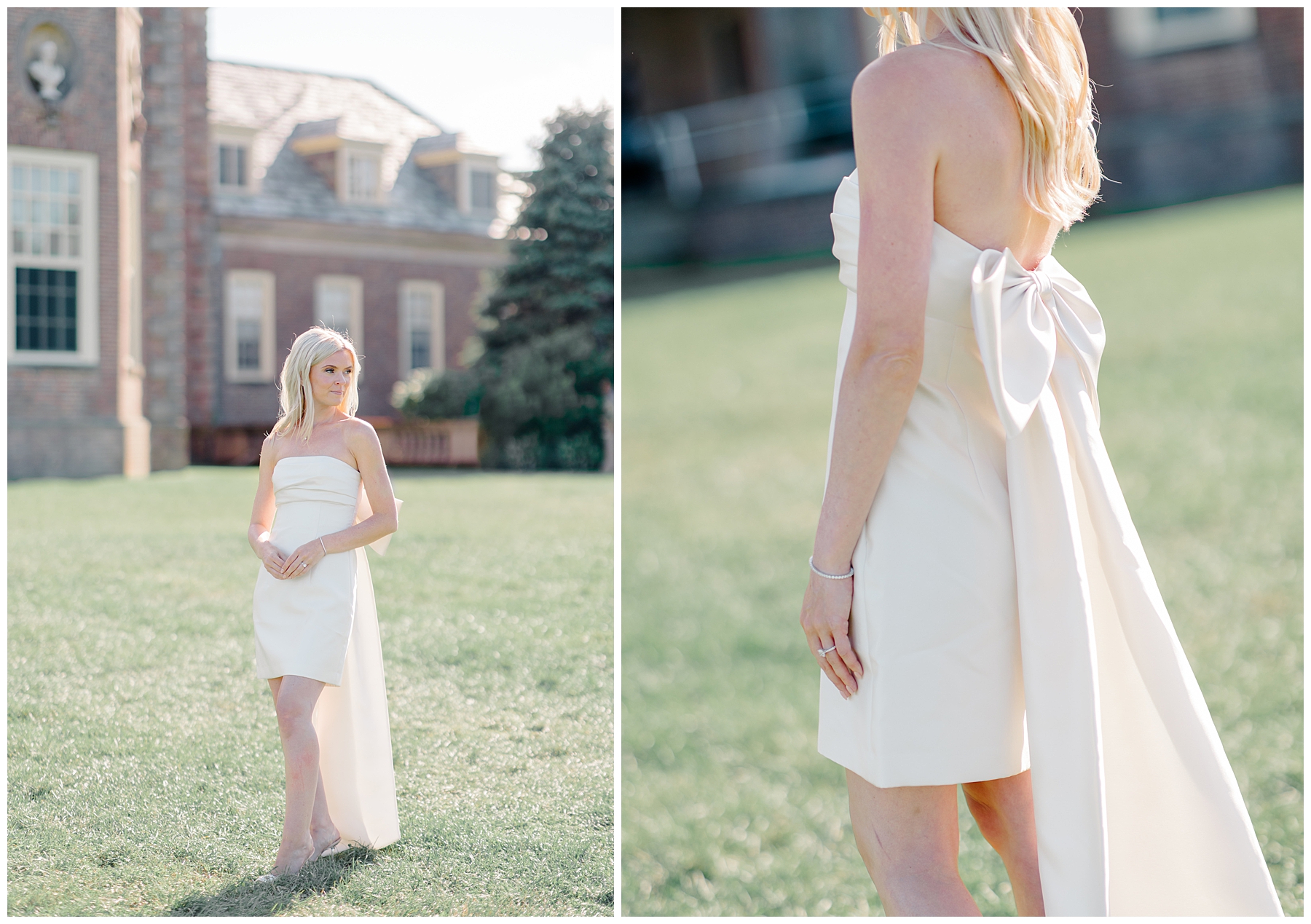 woman in shorter, strapless white dress with bow in the back