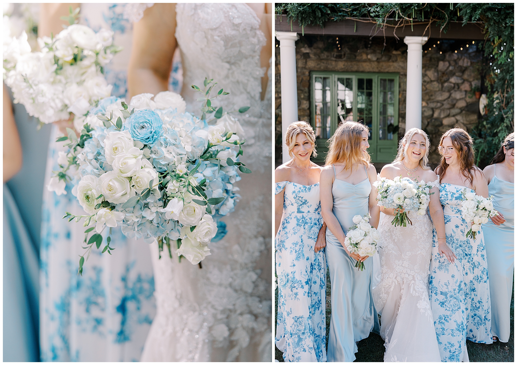 bridesmaids in light blue and light blue floral patterned dresses 