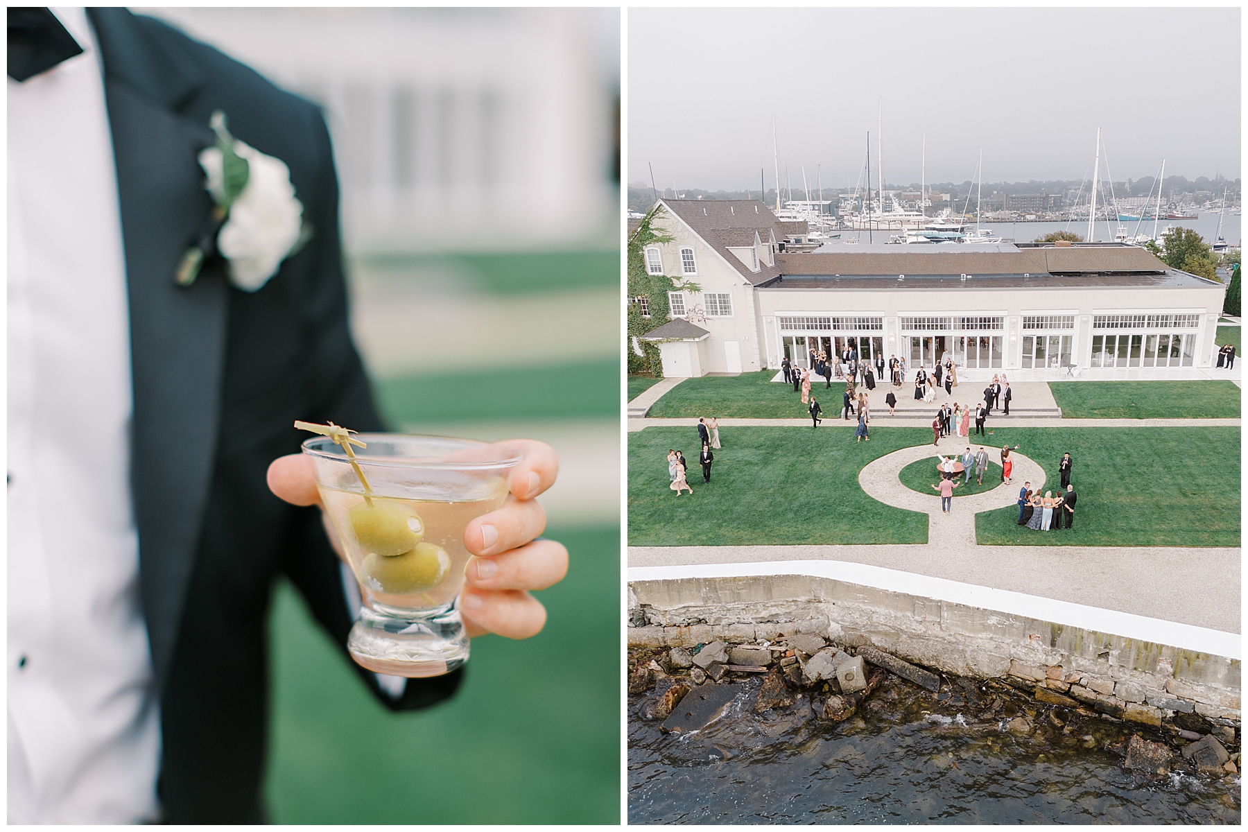 wedding guests mingle on the lawn of Belle Mer, A Longwood Venue in Newport