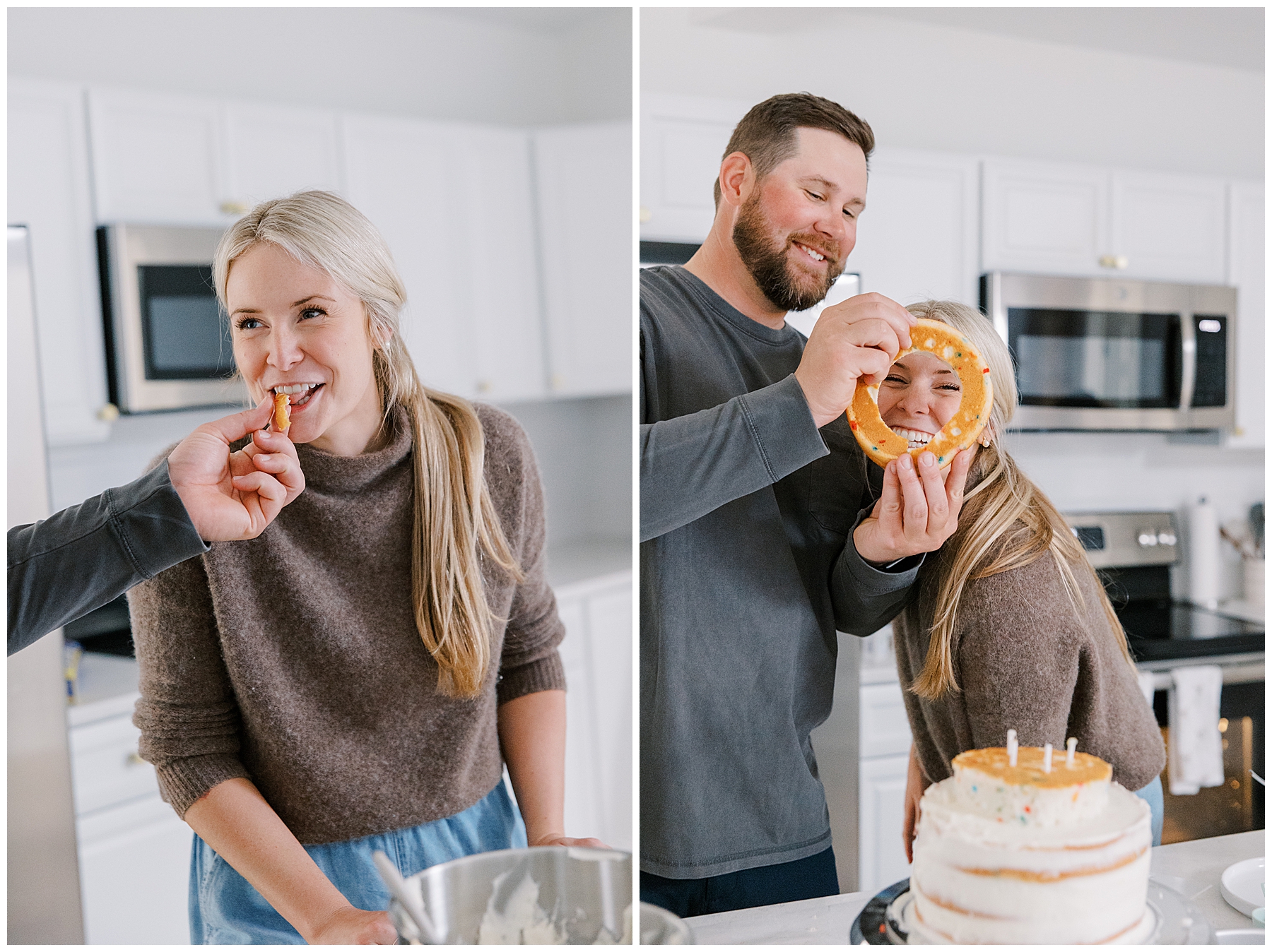 couple taste test their wedding cake