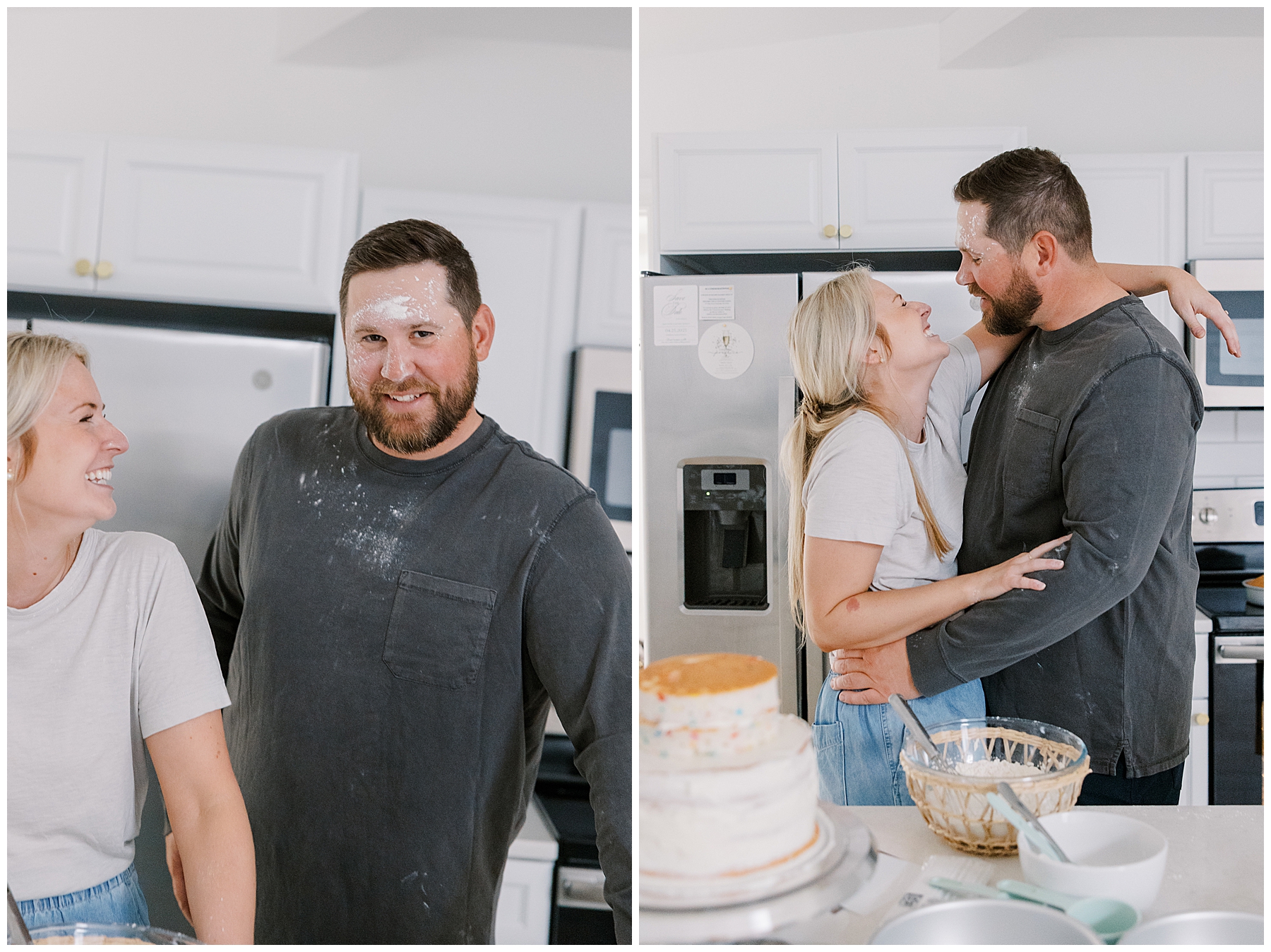 couple bake cake together for a unique engagement photoshoot