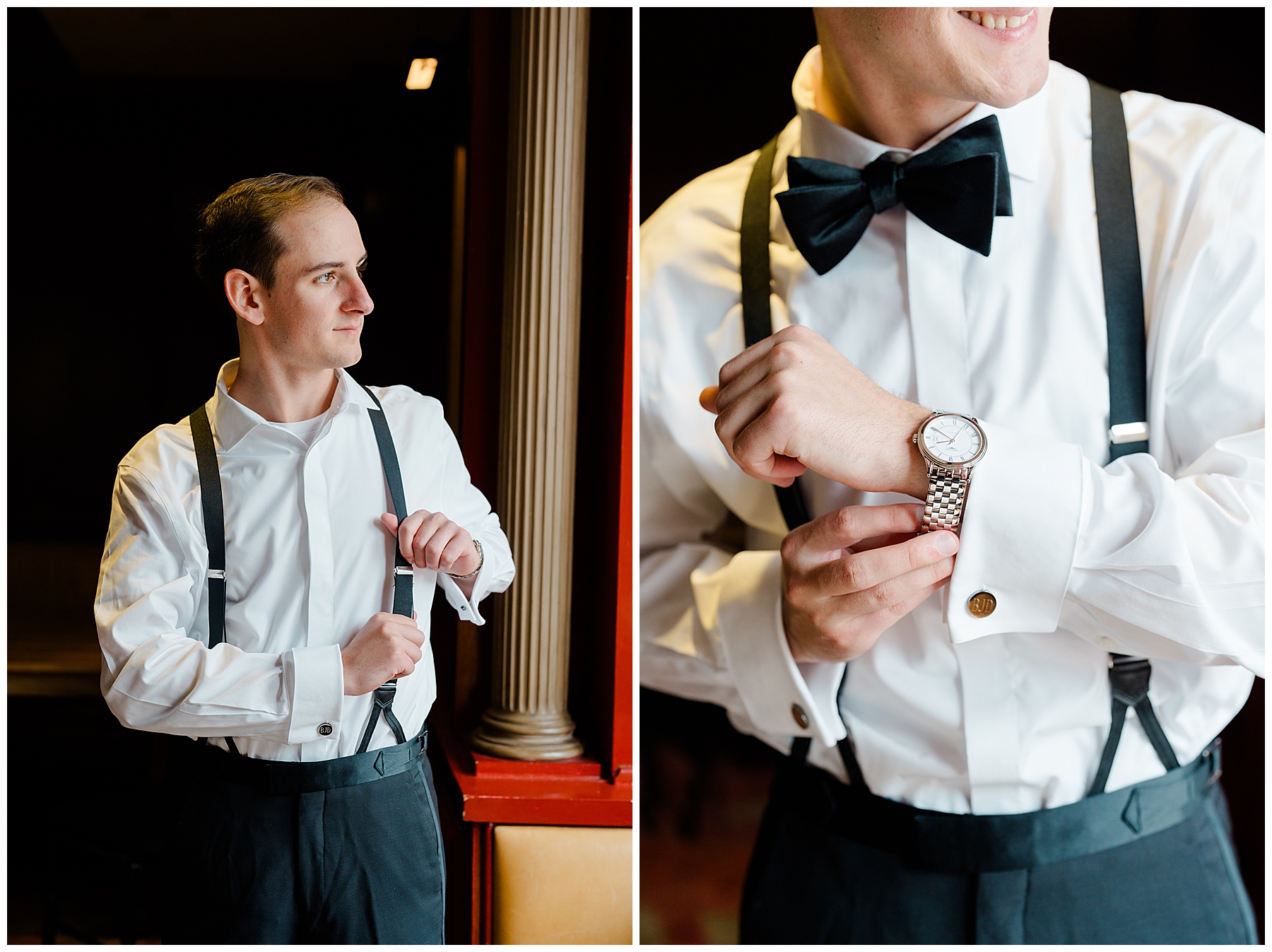groom putting on watch as he gets ready