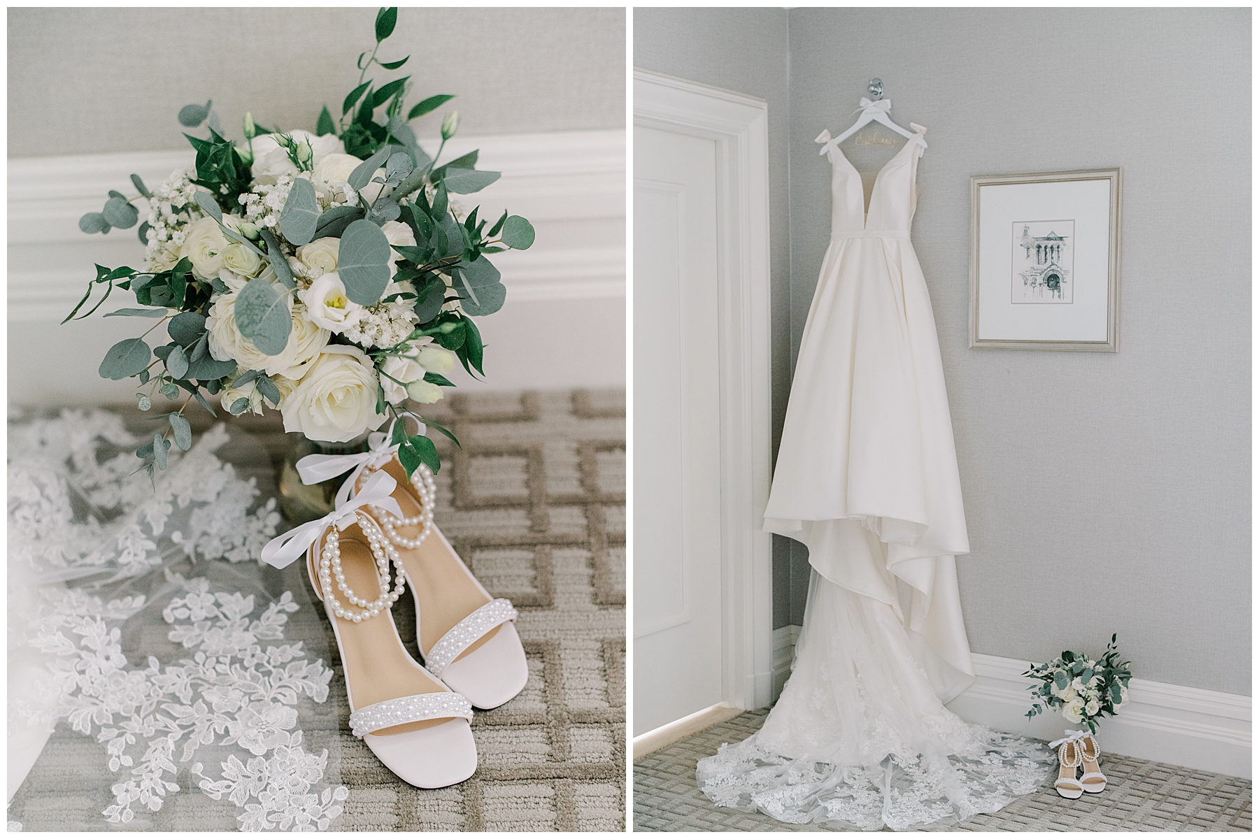 bride's wedding dress and classic wedding bouquet