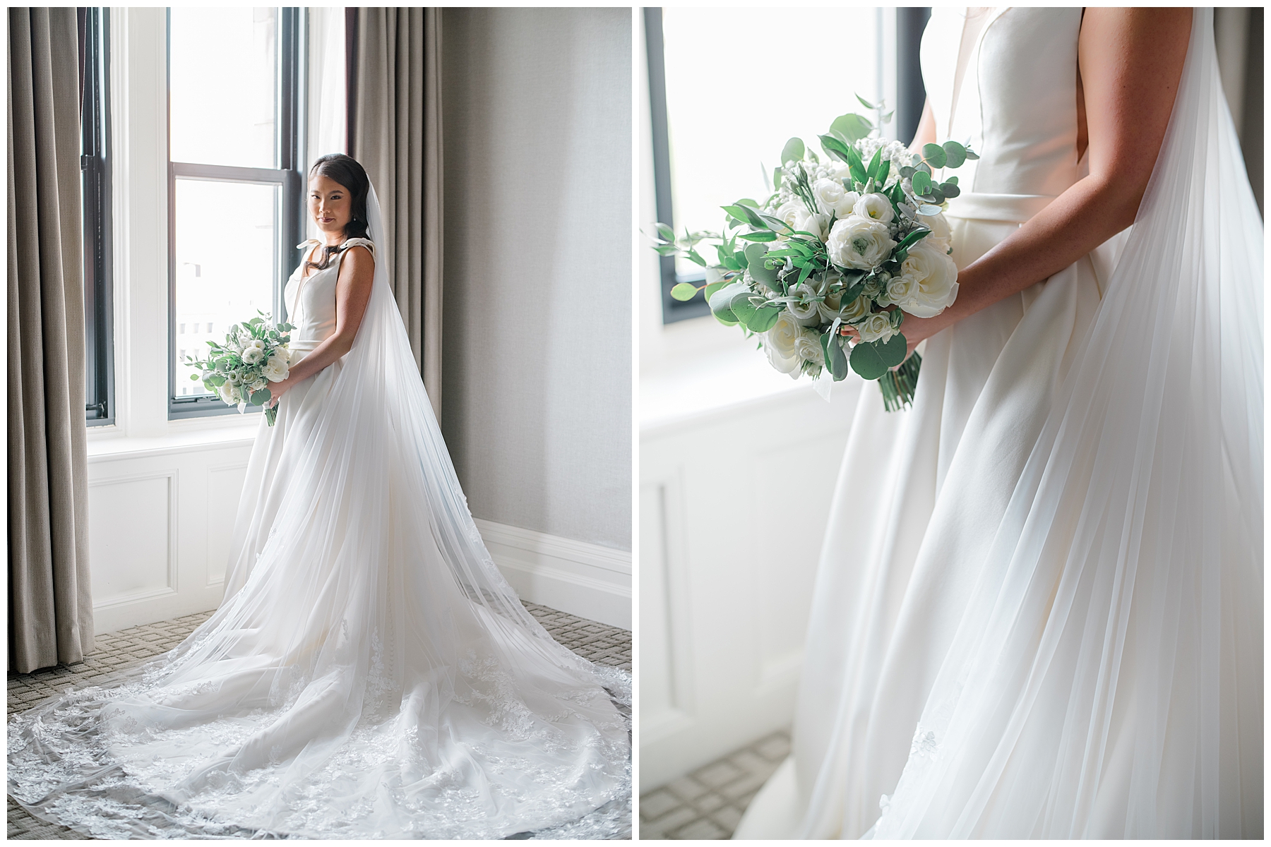 Elegant bride stand by window