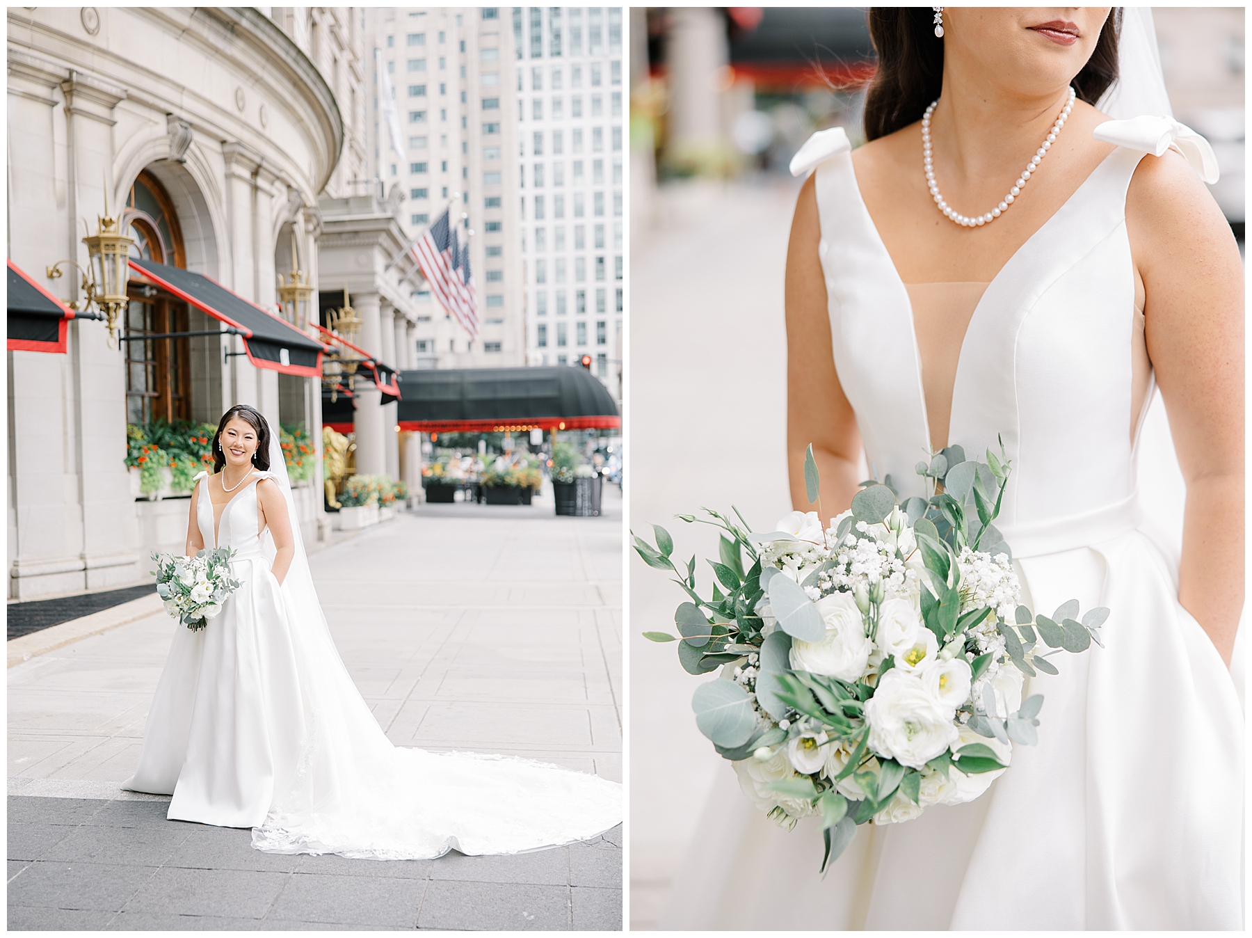 Elegant bridal portraits in wedding dress with classic white wedding bouquet