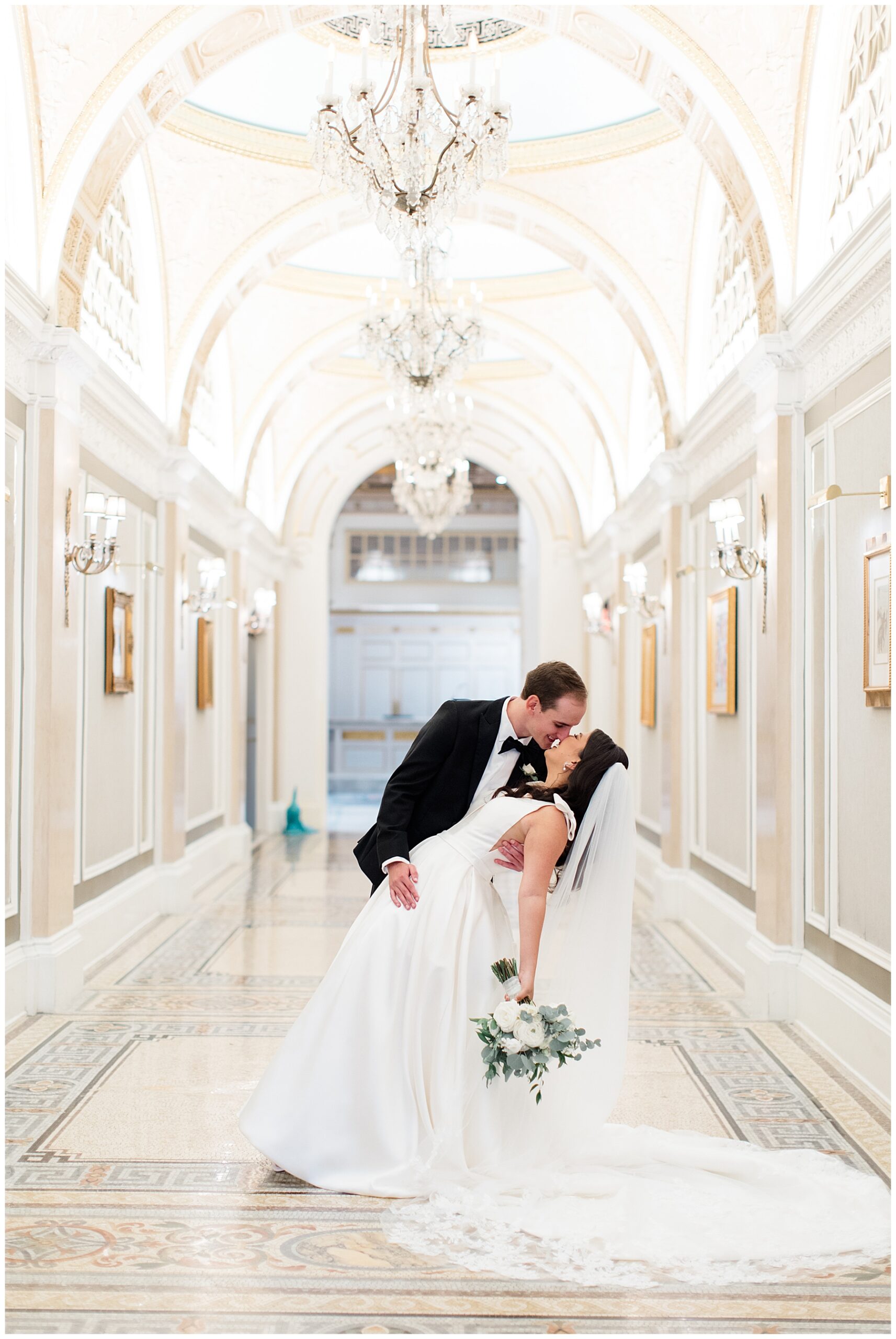 Romantic wedding portraits in hallway of Fairmont Copley Plaza hotel