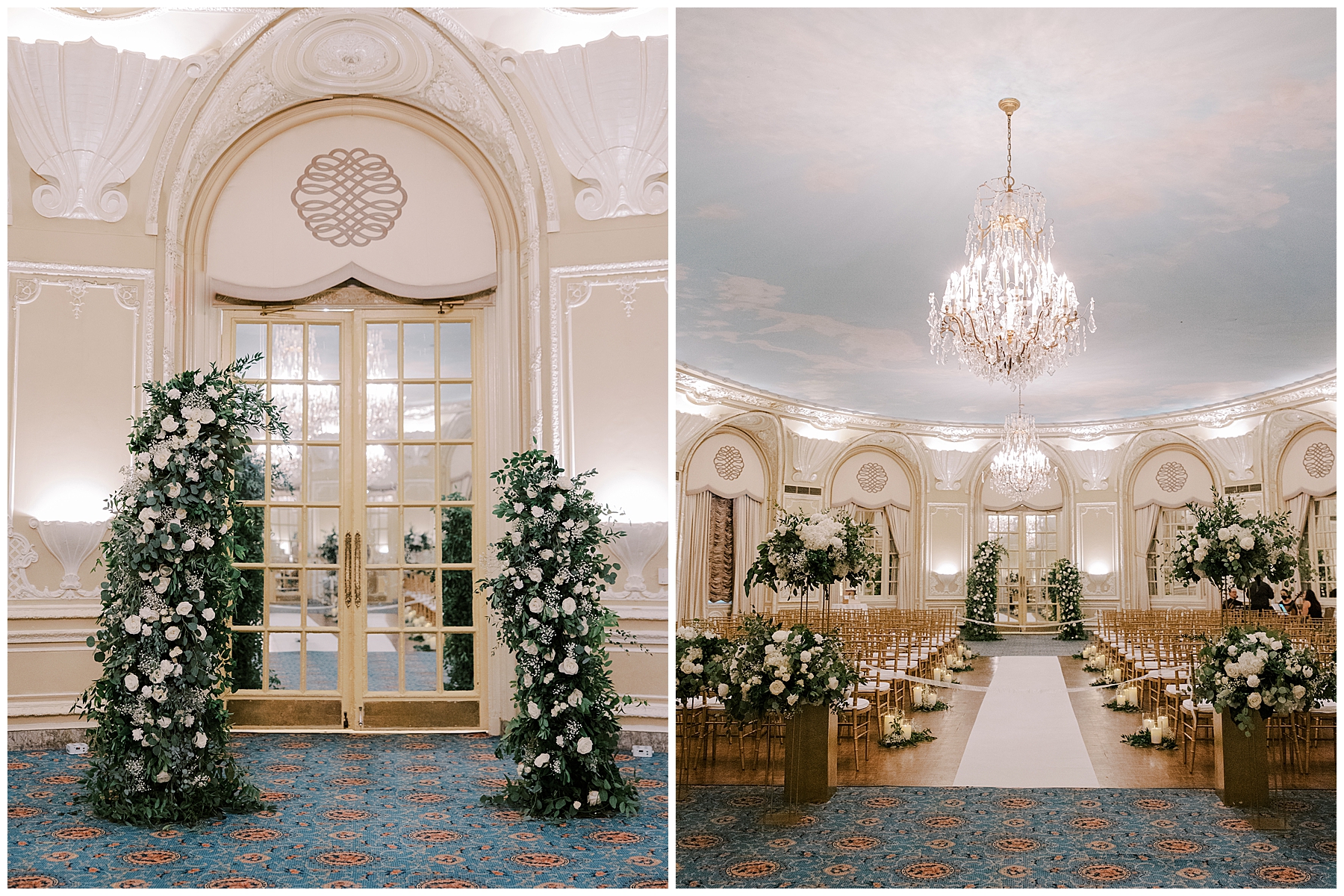 Flower displays at wedding ceremony inside Fairmont Copley Plaza Hotel