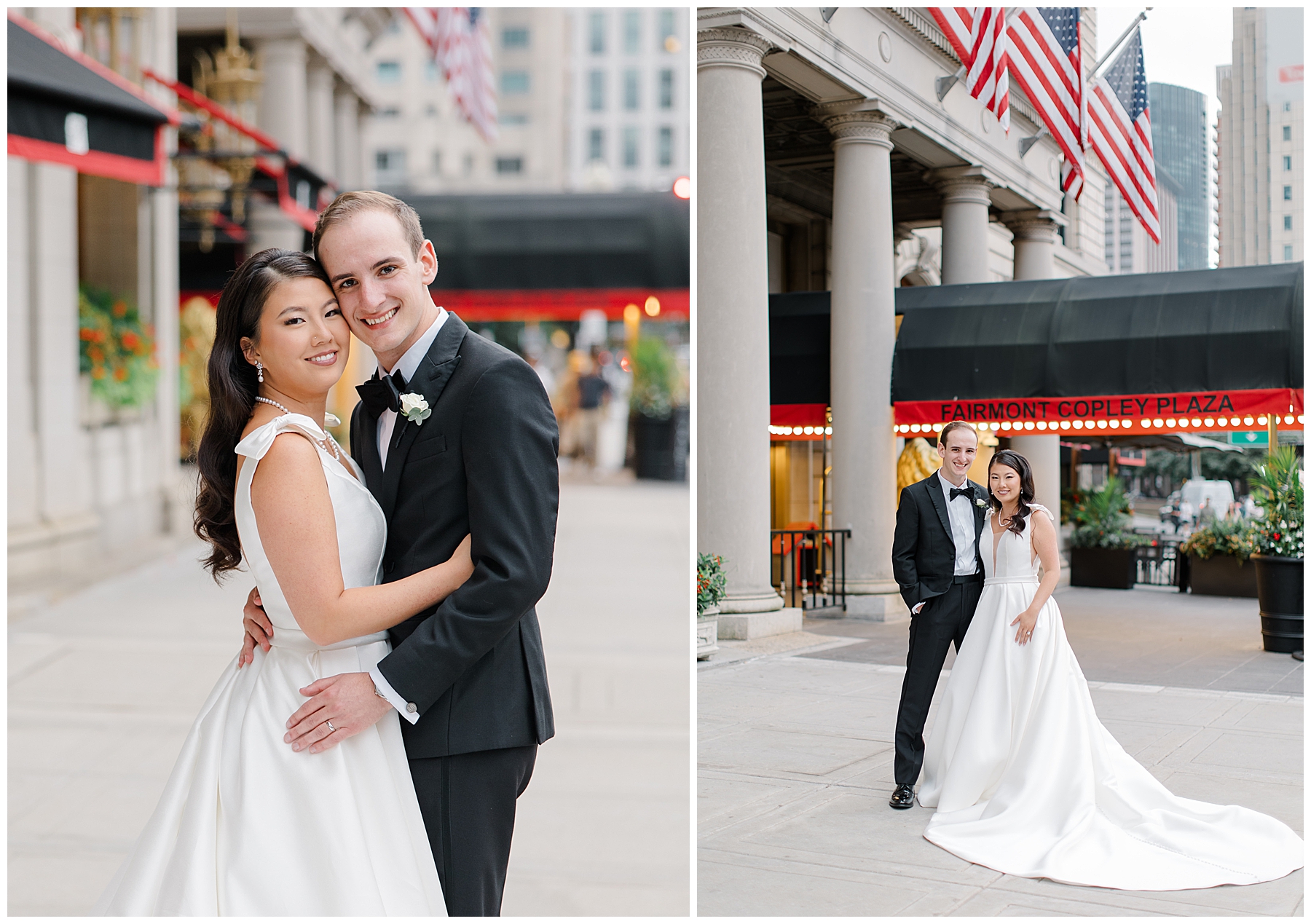 Newlywed portraits outside of Boston wedding venue, The Elegant Fairmont Copley Plaza Hotel