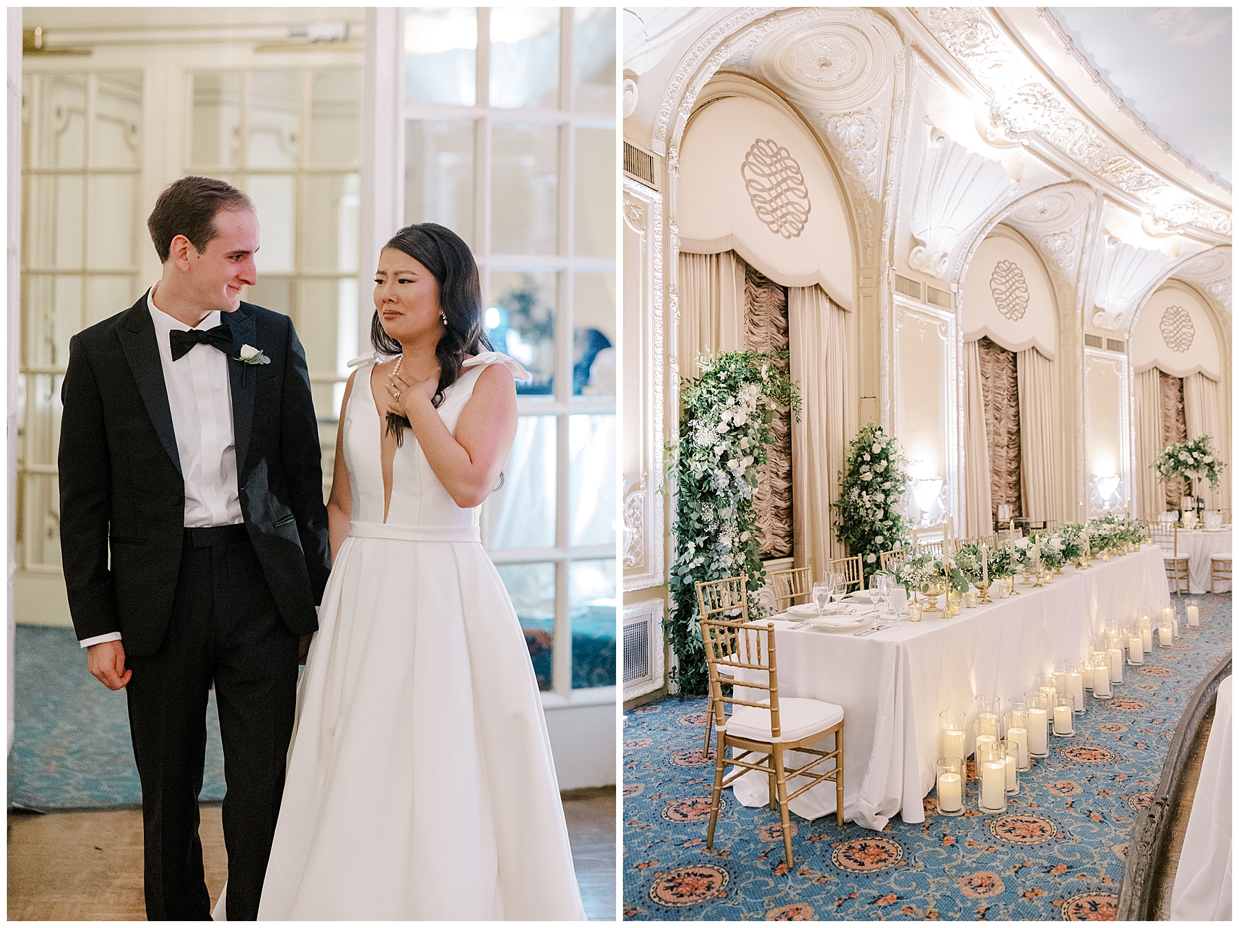 Bride and groom see the reception for first time before guests arrive