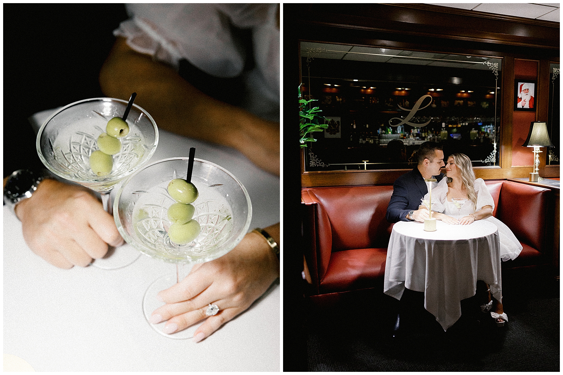 Couple snuggle in corner booth of restaurant