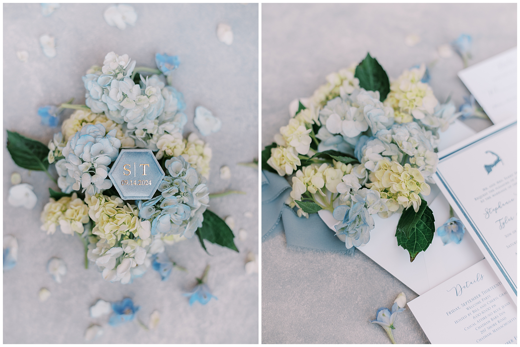 Blue and white hydrangeas decorate flat lay design